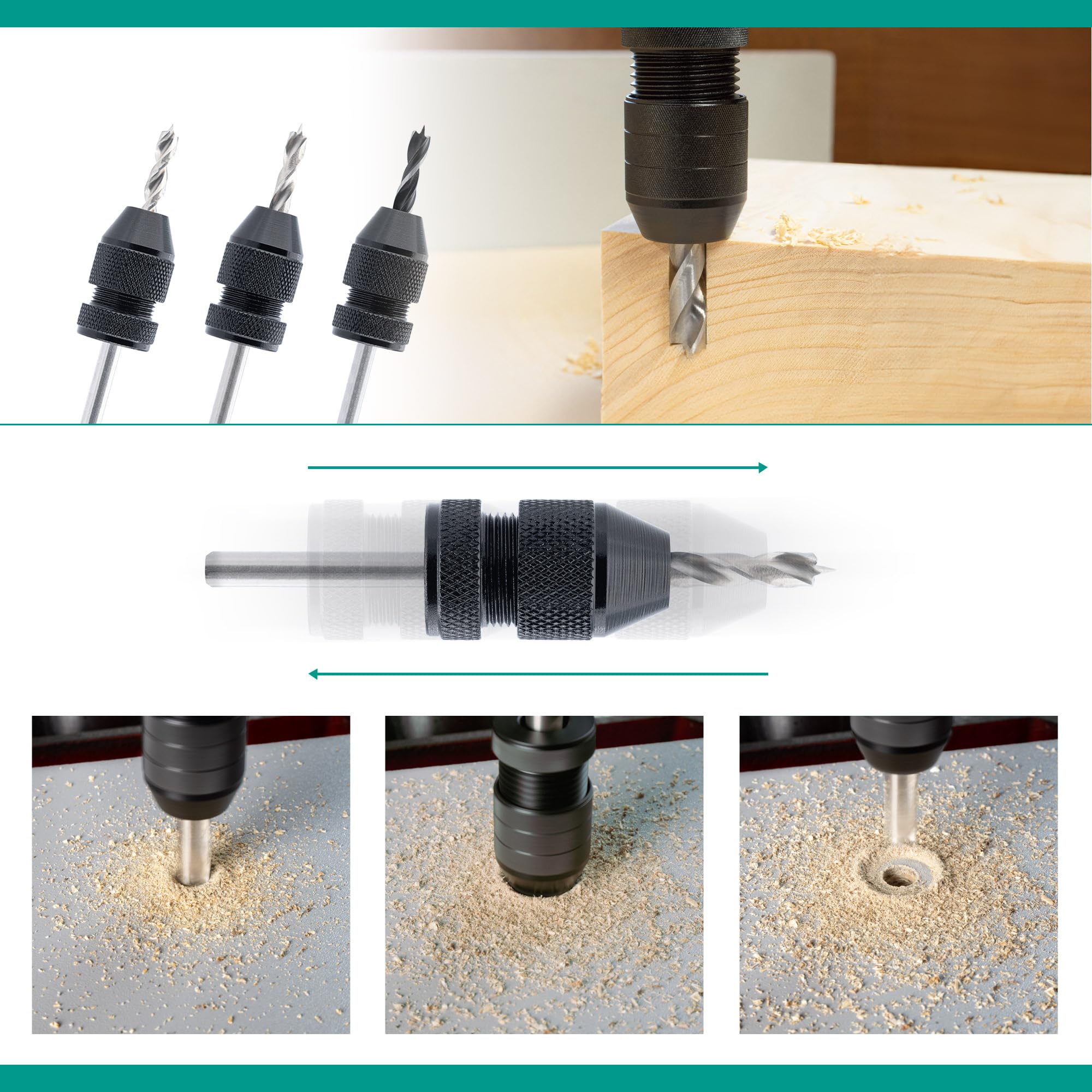 ENT 26512 Set di arresto di profondità, Ø variabile 3-11 mm, arresto di foratura in alluminio per punte da legno e punte elicoidali da legno