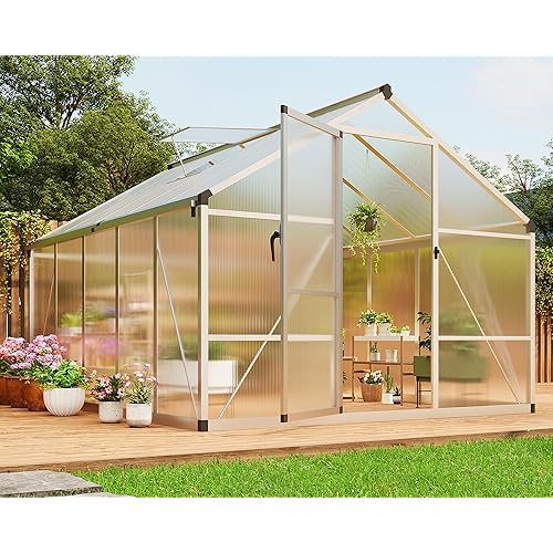 8×10 FT Greenhouse, Large Walk in Greenhouses for Outdoors and Garden Planting, Polycarbonate Greenhouse with Enhanced Aluminum Frame, Green Houses with Upgraded Floor Spikes and Roof Vent, Silve