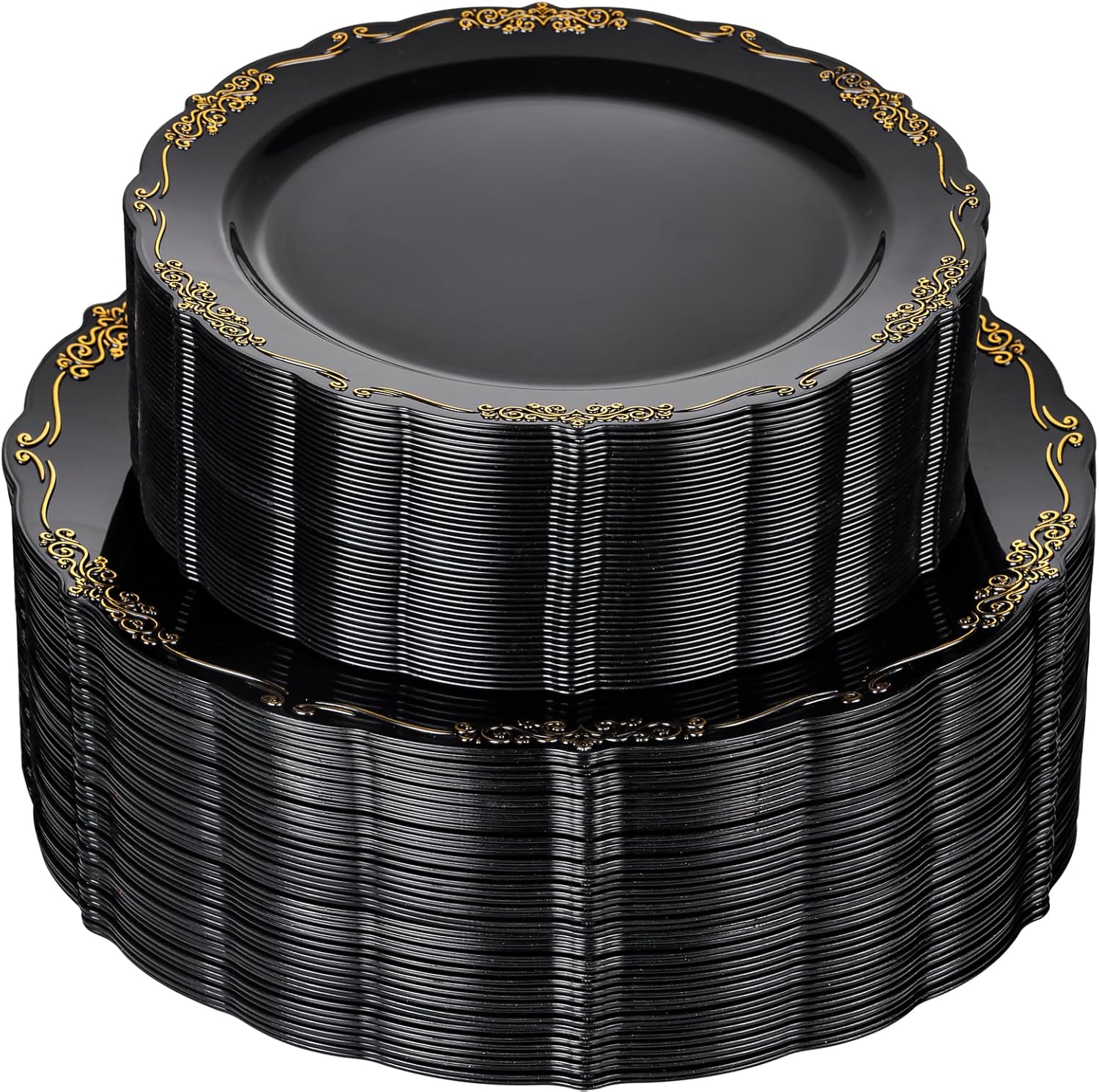 U-QE 100PCS Black Gold Plastic Plates - Heavy Duty Halloween Disposable Plates Including 50PCS 10'' Dinner & 50PCS 7.5'' Dessert Plates - Hard Plastic Plate for Halloween & Party & Wedding Black/Gold