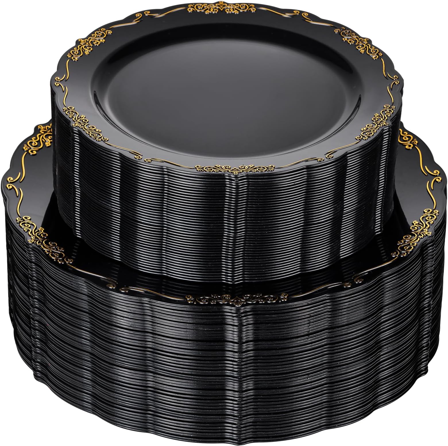 U-QE 100PCS Black and Gold Plastic Plates - Heavy Duty Black Disposable Plates Including 50PCS 10'' Dinner Plates & 50PCS 7.5'' Dessert Plates - Hard Plastic Plates for Party