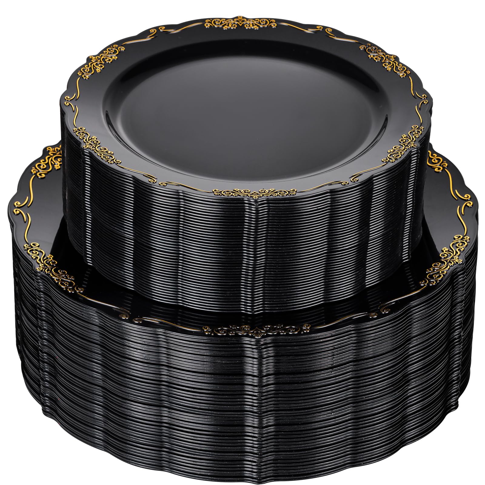 U-QE 100PCS Black and Gold Plastic Plates - Heavy Duty Black Disposable Plates Including 50PCS 10.25'' Dinner & 50PCS 7.5'' Dessert Plates for Party