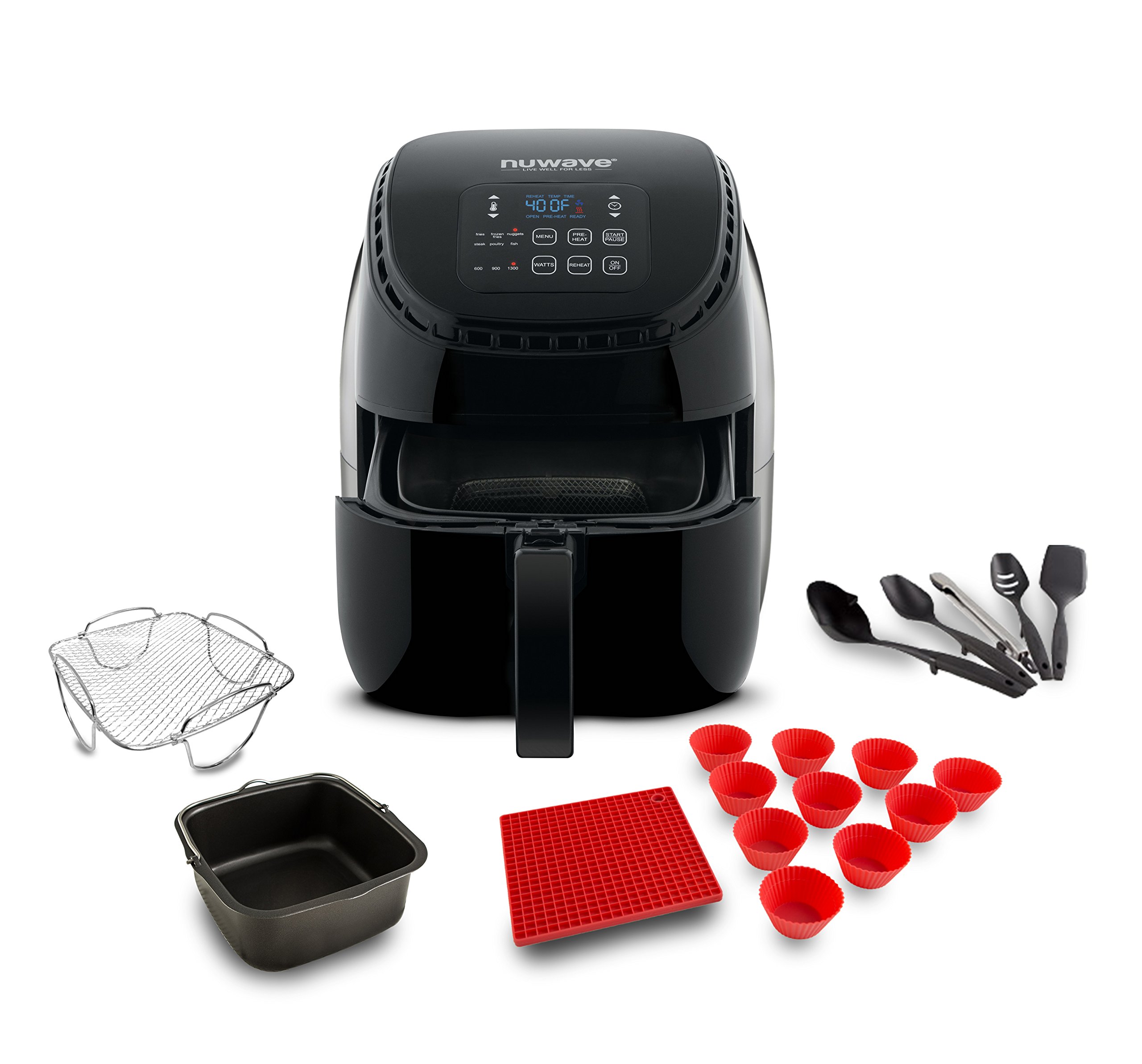NuWave Brio Air Fryer 3Qt Black W/Baking Pot, Reversible Rack, Silicone Trivet, Cupcake Liners & 5 P