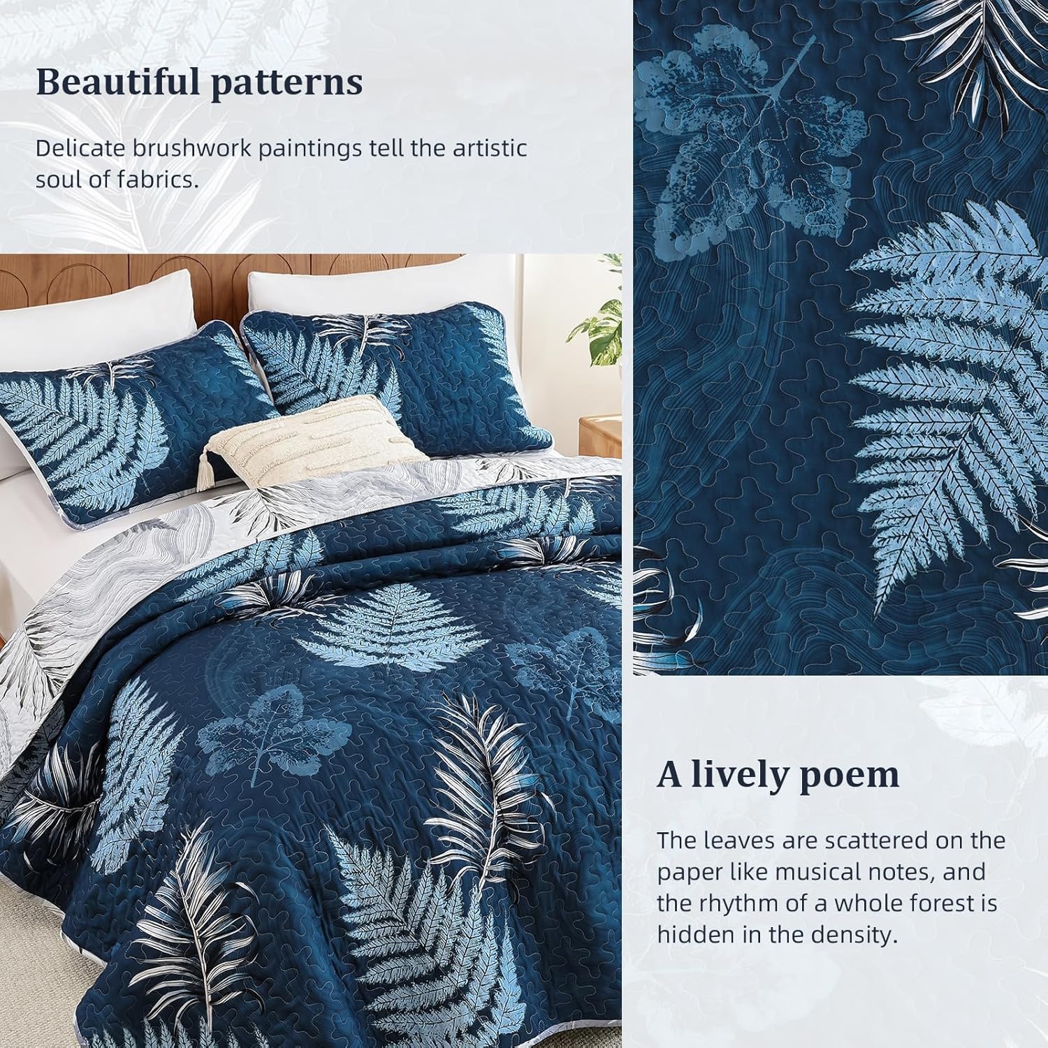Dinjoy Navy Quilt Set King Size, Reversible Floral Quilt Bedspread with Leaf Pattern Blue White Botanical Microfiber Quilt Set 3 Pieces, Summer Quilted Bedding Set for All Seasons (110''x90'')