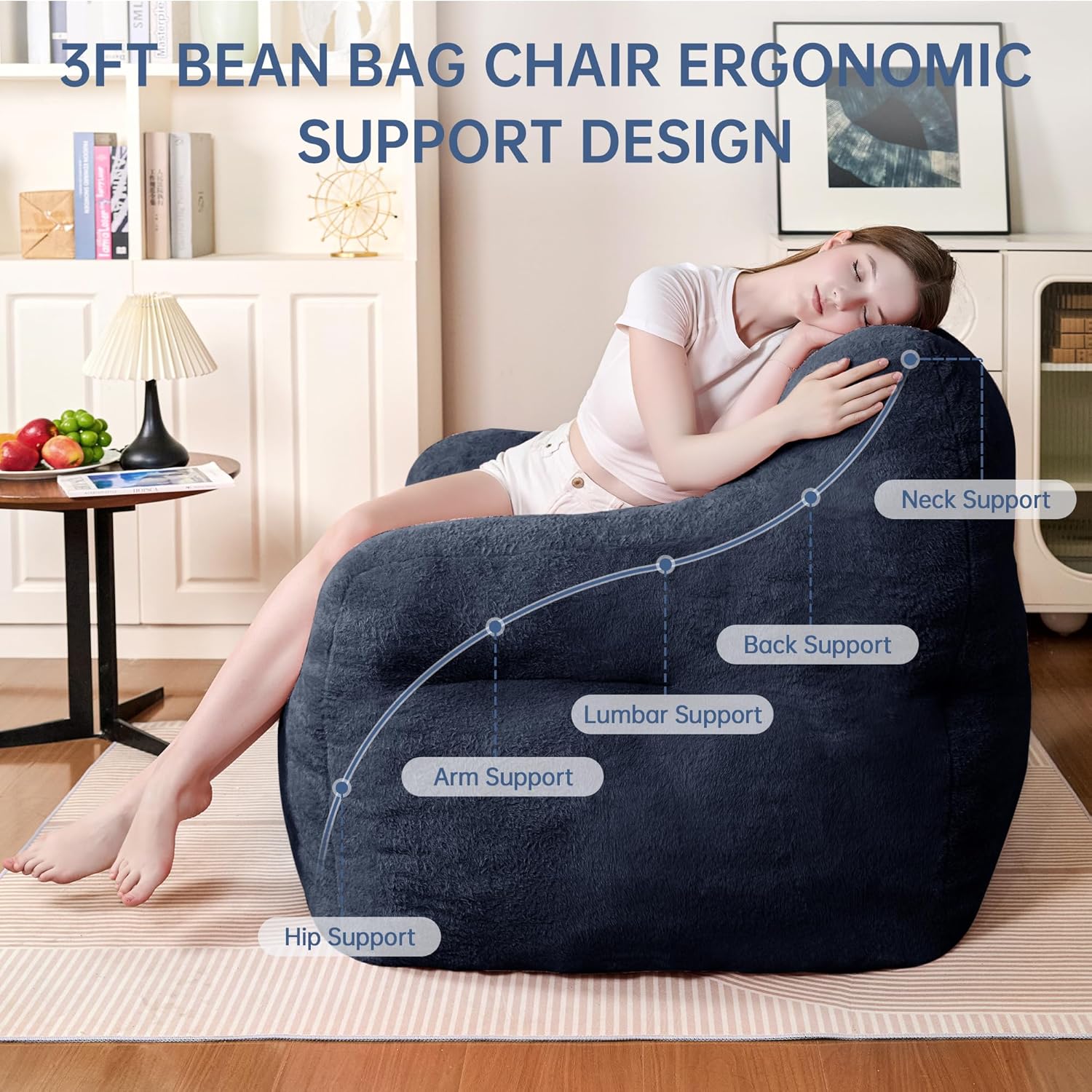 Blue Bean Bag Chairs Ultra-Soft Faux Fur Large Bean Bag Chair Couch - Plush Memory Foam BeanBag Chair with Filling, Bedroom Comfy Chair for Adults, Teens, Kids (Blue)