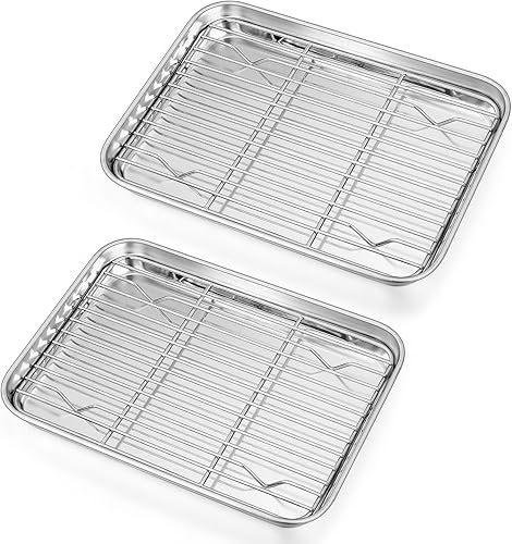 P&P CHEF Sartenes para horno tostador de 10.4 + 9 pulgadas con estantes, 4 piezas de bandeja de horno de acero inoxidable para hornear y estante de