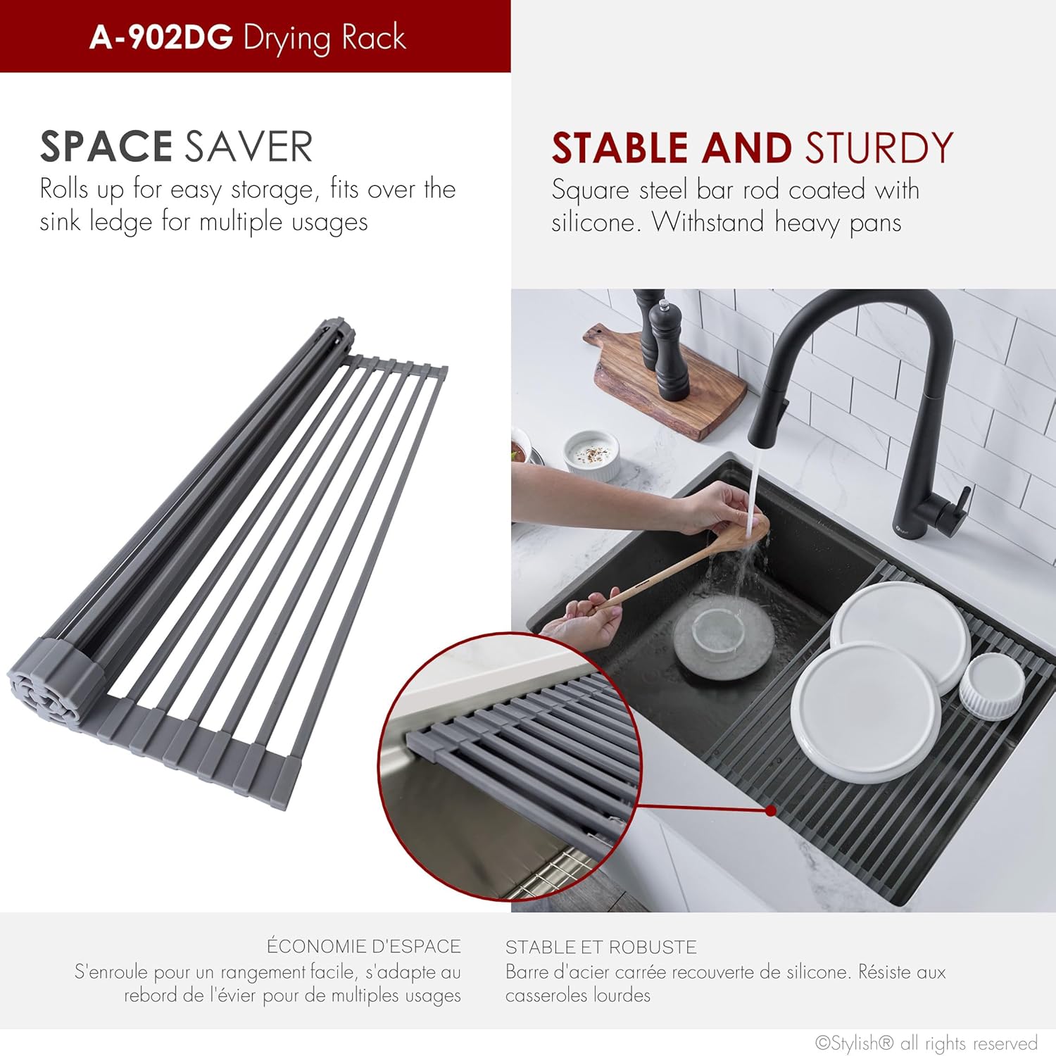 STYLISH Wotkstation Kitchen Sink Accessories Kit Included Stainless Steel Colander Over The Sink Drying Rack and Cutting Board, A-919KIT