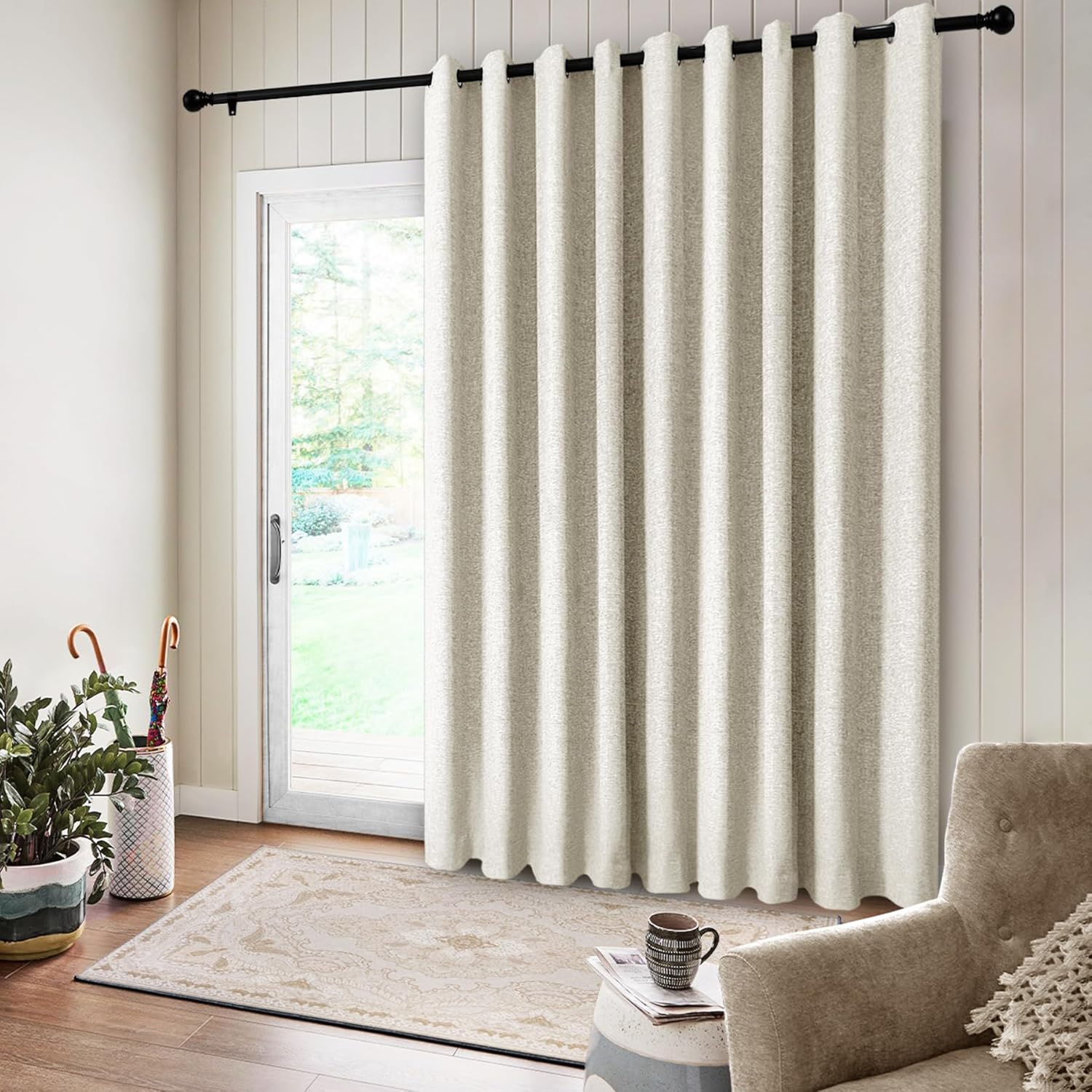 Frelement Linen Curtains for Sliding Glass Doors 200 Inches Wide Grommet Top Curtain Panels Privacy Partition Separator 100% Blackout Drapes for French Door 1 Panel, 200" Wx96L, Ivory White
