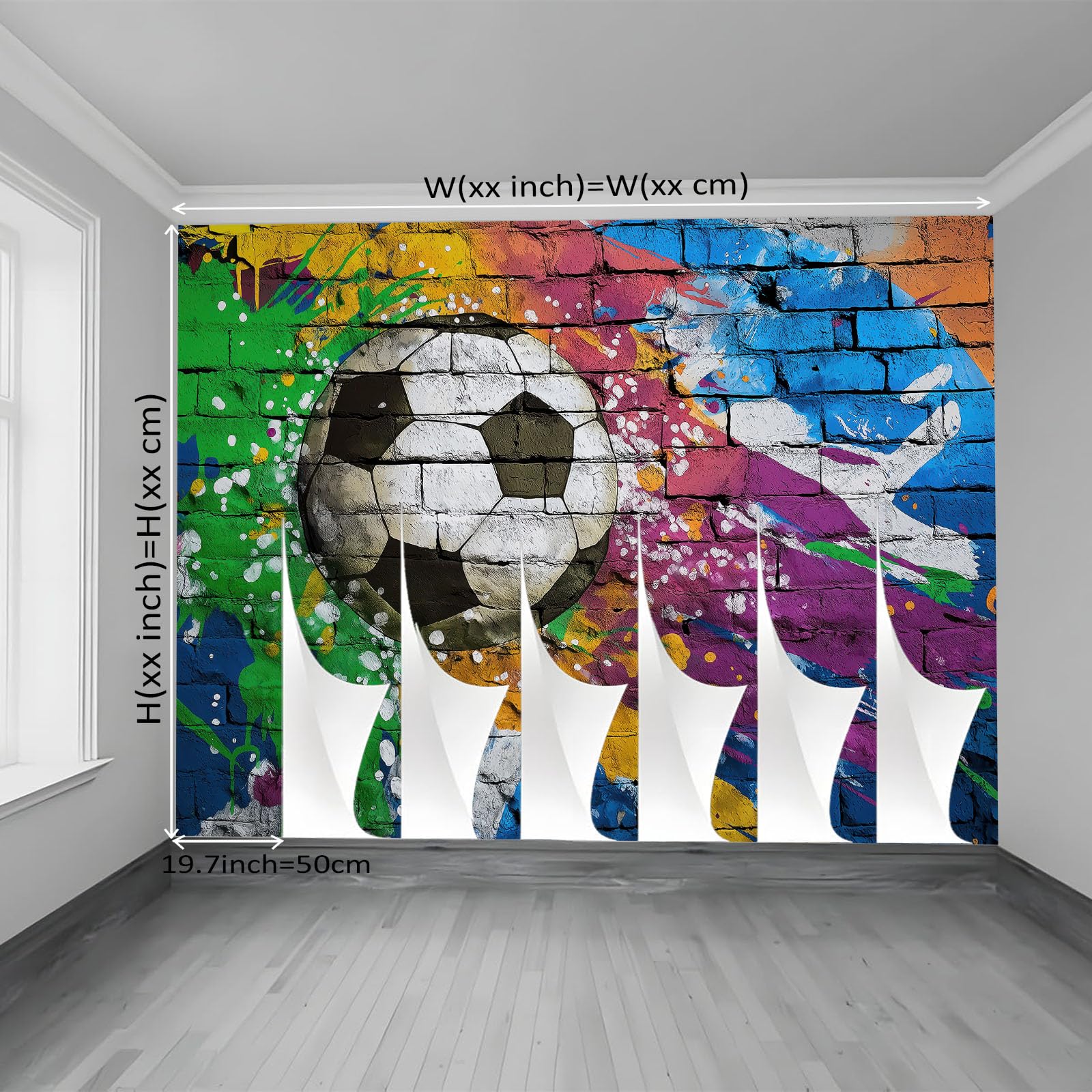 Fototapeta 400 x 280 cm, tapeta sportowa, sztuka uliczna, malowana ściana z cegły i piłka nożna, dekoracja ścienna, tapeta ścienna, do pokoju zabaw