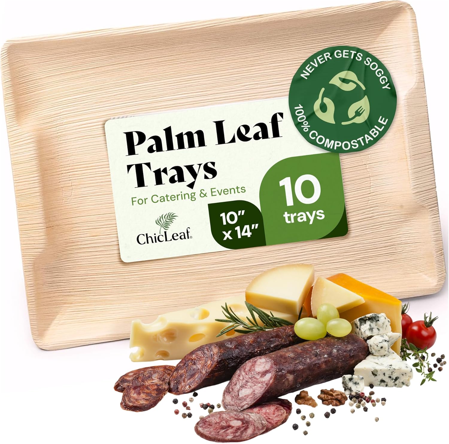 Chic Leaf Compostable Palm Leaf Serving Trays, 10x14 Inch Rectangular Disposable Platters for Charcuterie, Parties, and Catering, Heavy-Duty Microwave Safe Natural Wood-Look Plates, 10 Pack