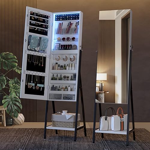 Miniatura 7 de LVSOMT Armario de joyería independiente con 3 LED con espejo de longitud completa, organizador de armario de joyería con cerradura, espejo grande