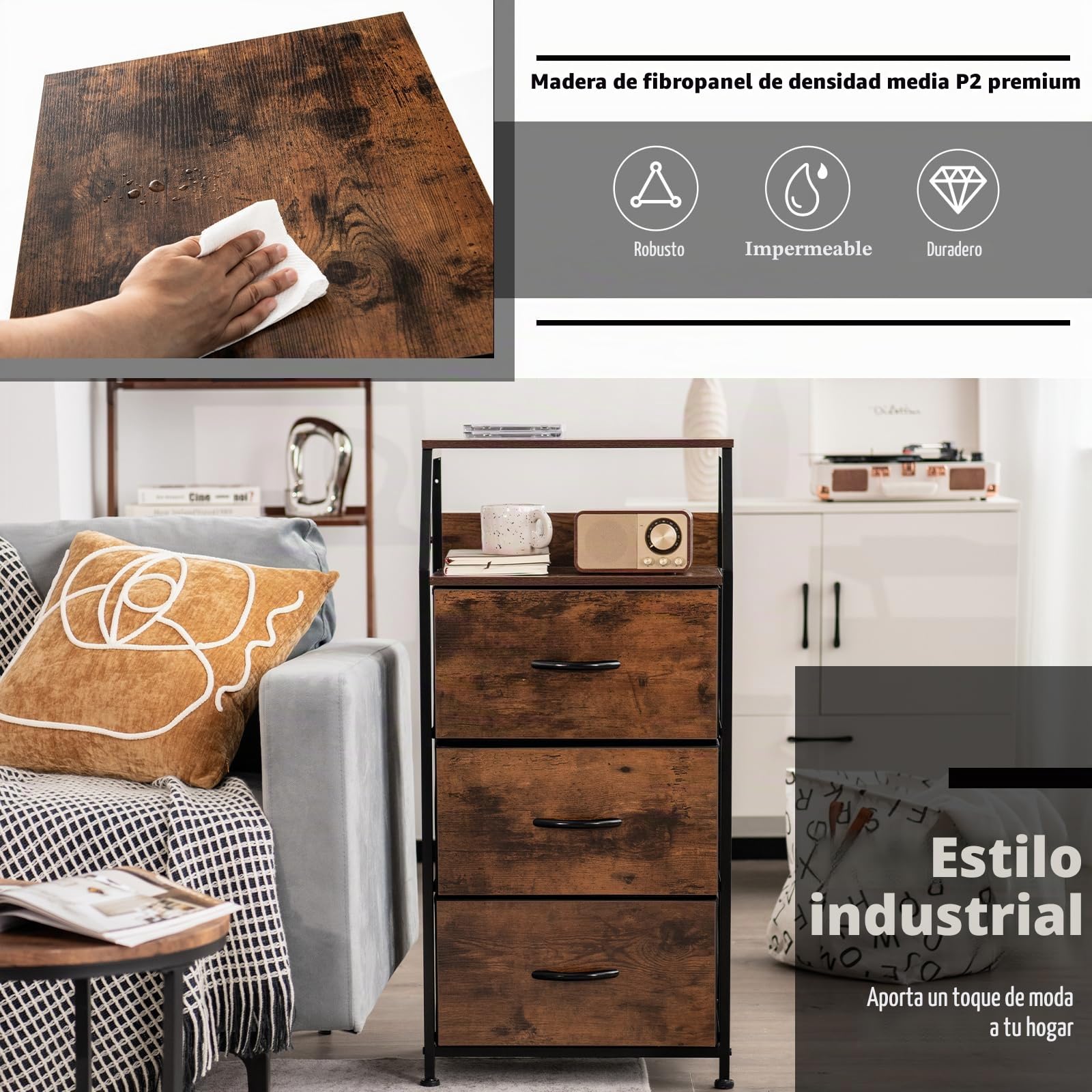 HOMASIS Mueble organizador con 3 cajones y 2 estantes, mesita de noche de madera y metal, para salón, dormitorio, cómoda de diseño industrial, 45 x 29,5 x 92 cm, marrón, TJ10060MPDE