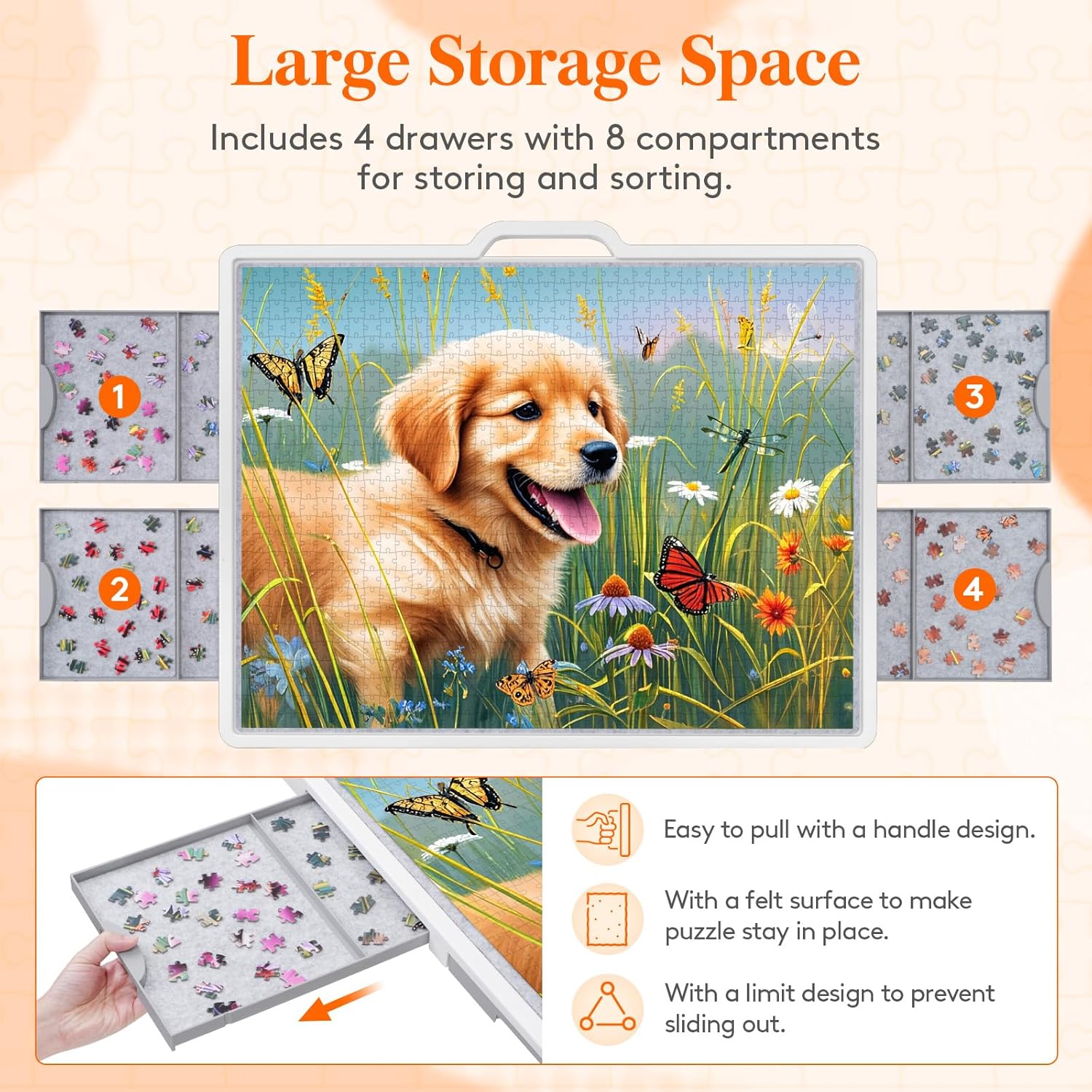 Lifewit 1500 Pieces Adjustable Jigsaw Puzzle Table with Wheels, 360-degree Angle/Height Adjustable, Puzzle Board with Metal Legs, Drawers, Felt Mat, Protective Cover, Ideal Gift, 33.3" x 25.4", White