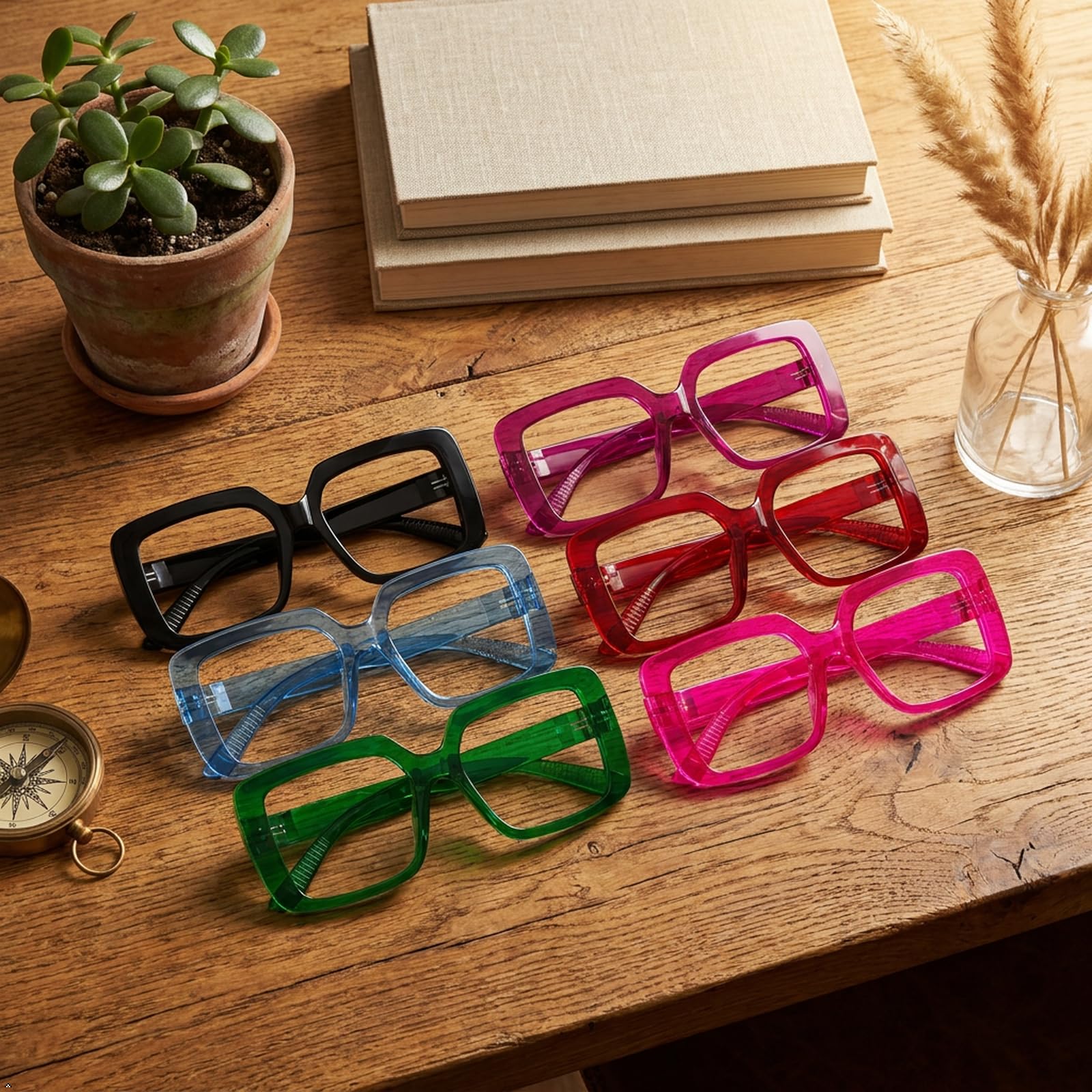 Eyekepper Confezione da 6 occhiali da lettura con filtro luce blu, occhiali da donna, montatura quadrata e lenti grandi, cerniera a molla senza viti e metalli, occhiali UV antiriflesso.