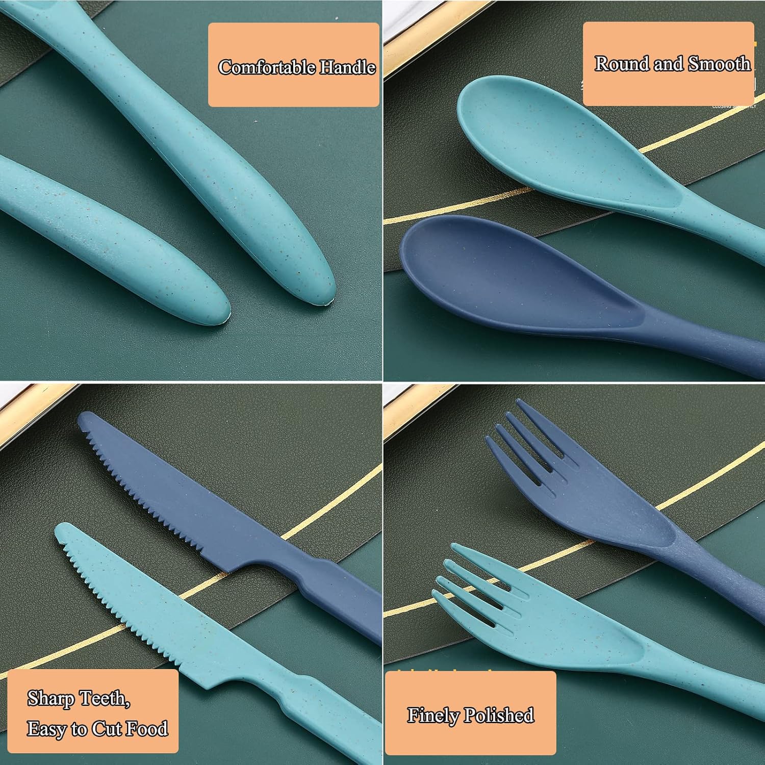 8 Pack Wheat Straw Cutlery Set - Reusable Travel Utensils with Case, Portable Camping Flatware, Eco-Friendly Dishwasher Safe Spoon Fork Knife for Lunch Box, Picnic, Office (8 Colors)