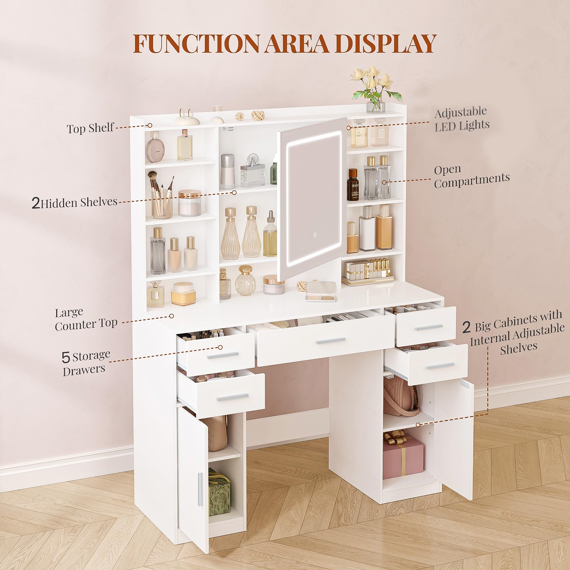 HEXCELEN 108 cm Tocador con Espejo y Luces LED con Brillo Ajustable Blanco | Mesa de Maquillaje con 5 Cajones, 2 Armarios y 9 Compartimentos Abiertos, Tocador de Maquillaje