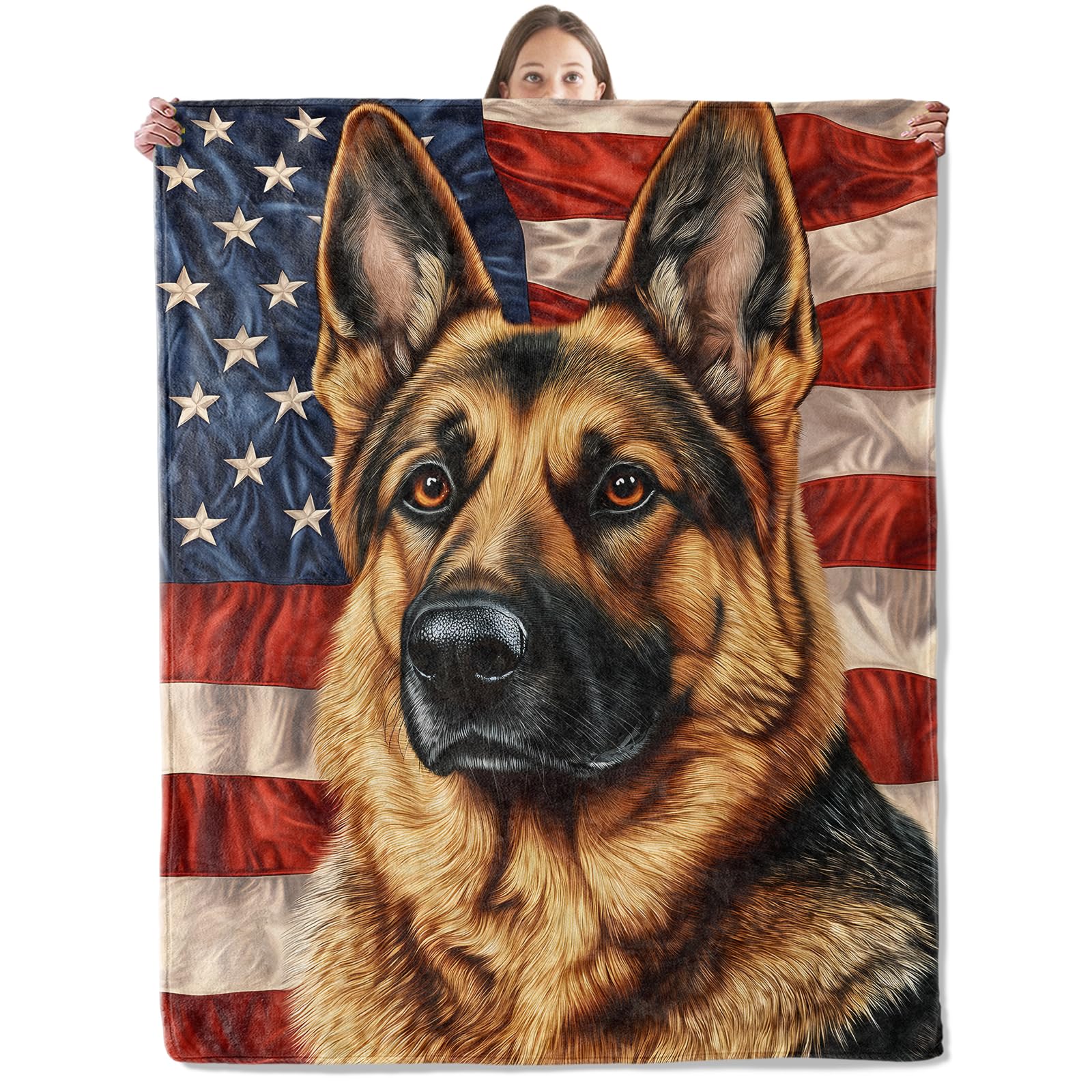 xmwjfd German Shepherd Blanket, Cozy Plush American Flag Background Throw Blanket for Couch Bedroom Outdoor, Lightweight Soft Flannel Travel Blankets,
