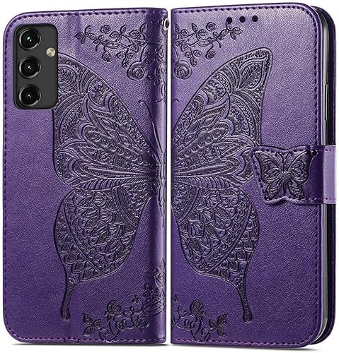 Miniatura 4 de Funda para teléfono Galaxy A14 5G, cartera con tapa para mujer, de piel sintética en relieve de mariposa con tarjeteros de crédito, correa de