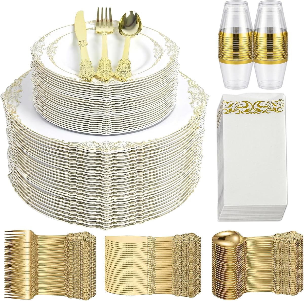 Gold Plastic Dinnerware Sets for 25 Guests - Gold Plastic Plates - 50 Disposable Plates, 75 Silverware, 25 Cups, 25 Napkins for Wedding & Party