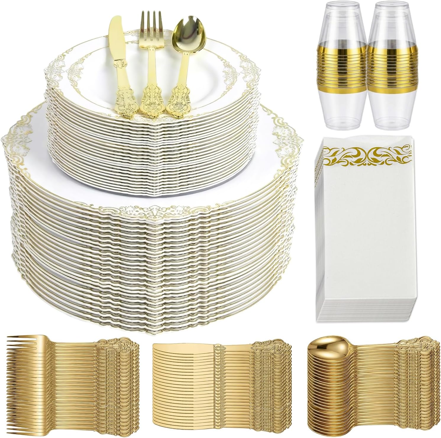 Gold Plastic Dinnerware Sets for 25 Guests - Gold Plastic Plates - 50 Disposable Plates, 75 Silverware, 25 Cups, 25 Napkins for Wedding & Party
