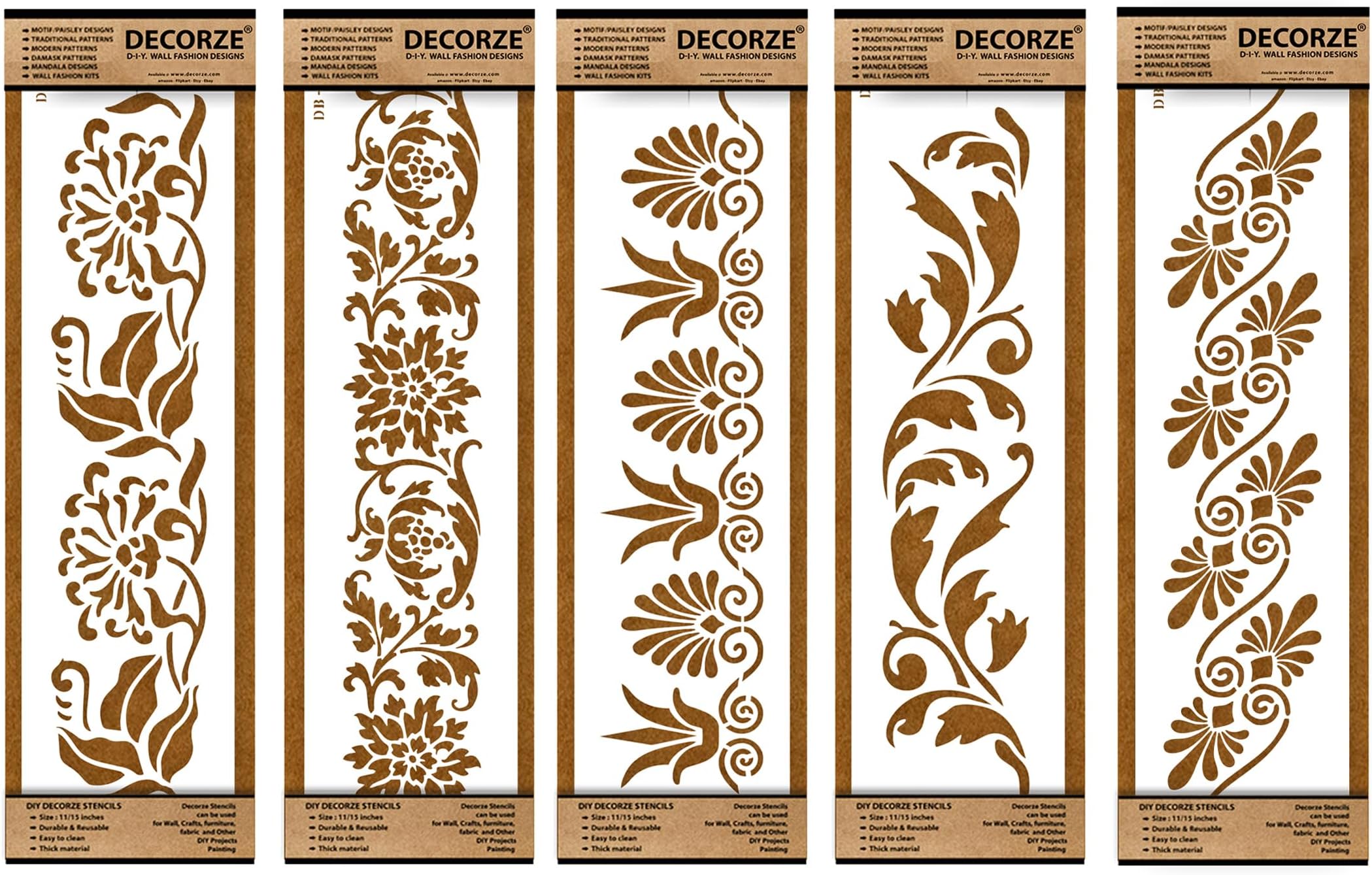 Plastic Stencils for Border Art, Stencils for Wall, Border Stencils for Wall Painting Suitable for Room Wall Decoration Purpose (Set of 5)(Color-White)|Design-19
