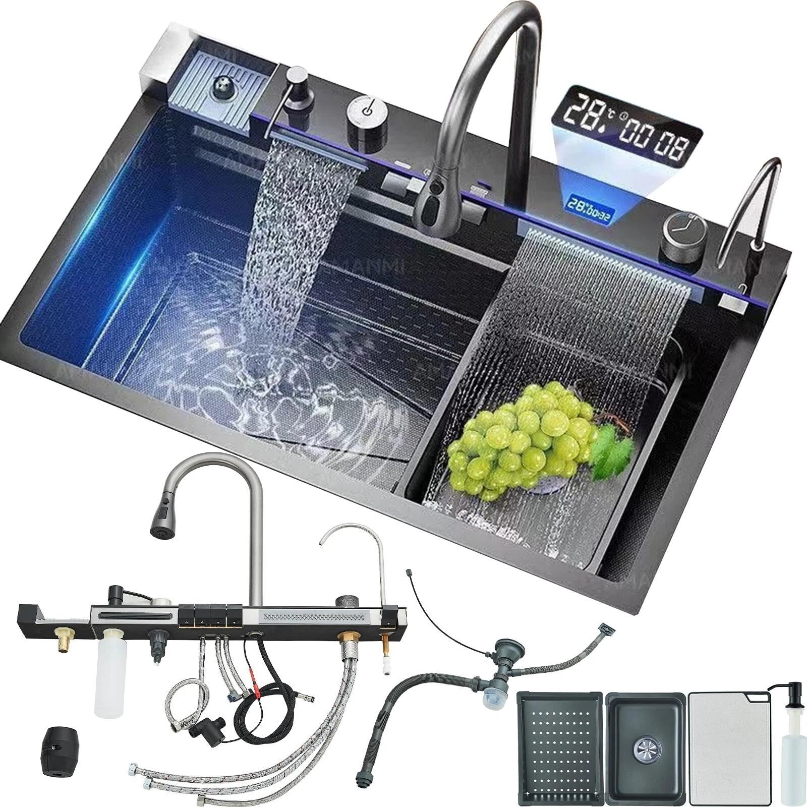 Fregadero de cocina cascada Negro 75x46 cm, acero inoxidable, 1 lavabo, con drenaje, tabla de cortar y dispensador de jabón