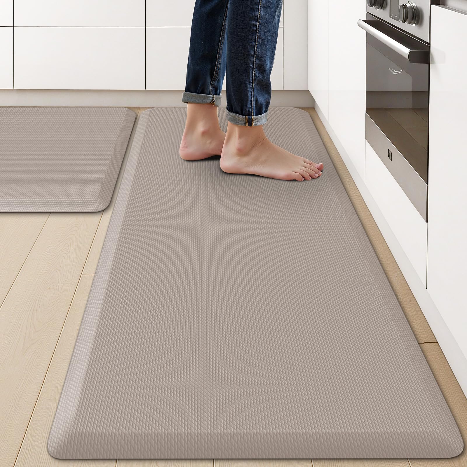 KitchenClouds 2PCS Kitchen Rugs Cushioned Anti-Fatigue Non-Slip Waterproof Kitchen Mat Comfort Foam Standing Mat for Floor Office Sink Laundry (Khaki)