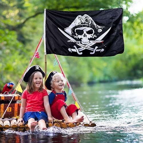 Miniatura 3 de 4 banderas piratas de 3 x 5 pies, bandera pirata Jolly Roger, calavera y hueso pirata, bandera de Halloween, decoración retro para fiesta de