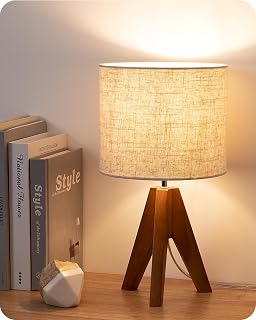 EDISHINE Tripod Table Lamp Small Cute Bedside Nightstand Lamp Linen Beige Shade Wooden Base Bedroom Nursery 14.2 Inch