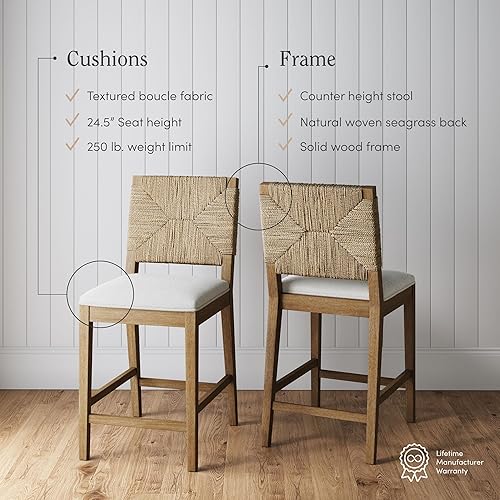 Miniatura 4 de Nathan James Beacon Taburete de bar bohemio Boucle, silla tapizada de altura de mostrador con marco de madera maciza y respaldo tejido de hierba