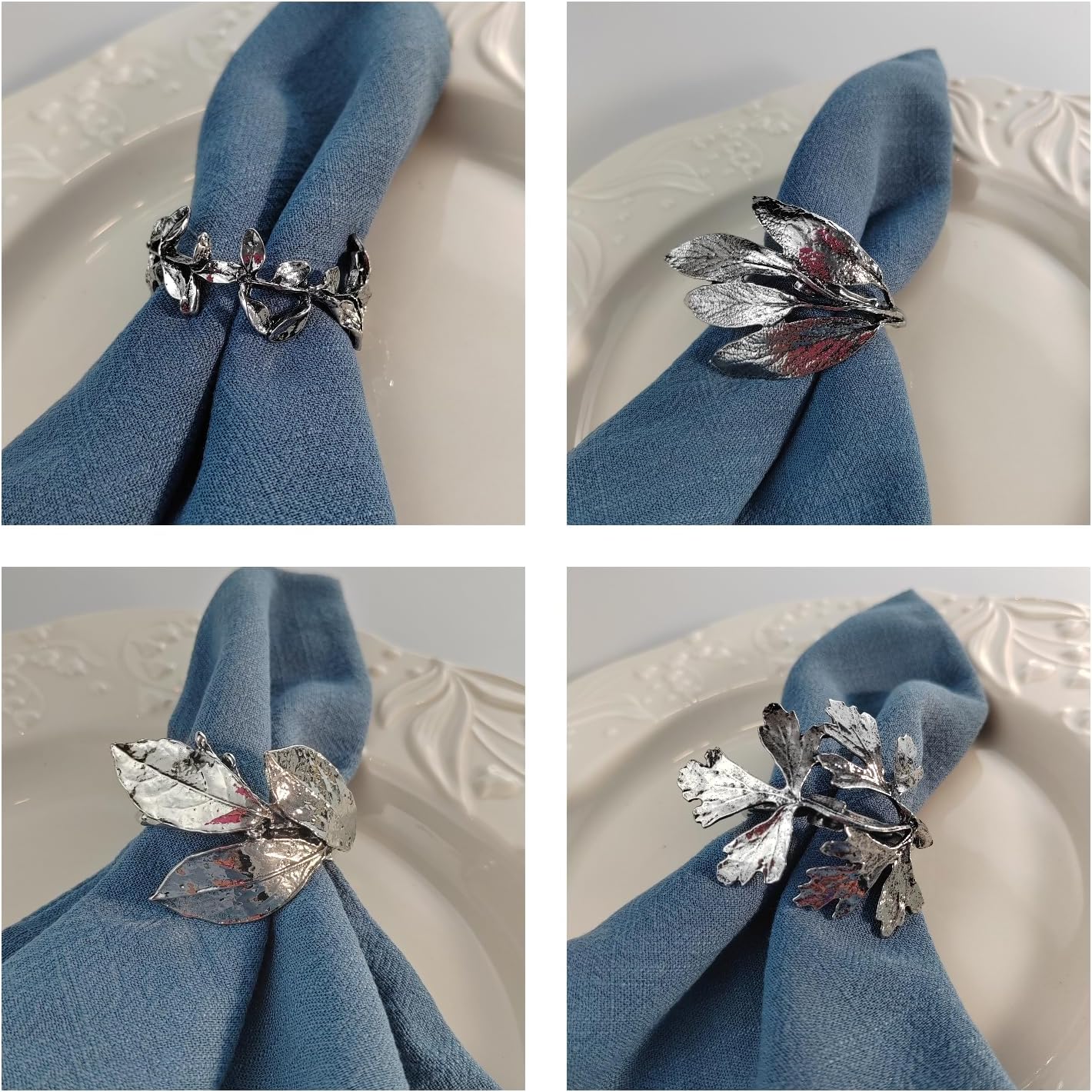 Bakayoyo Elegant Vintage Silver Herb Napkin Rings Set of 12 - Glossy Leaf Napkin Holders, Metal Table Adornment for Christmas, Thanksgiving, Weddings & Holiday Parties