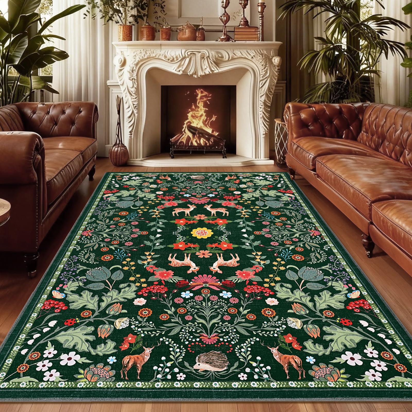 Alishomtll Tappeto a pelo corto, antiscivolo, morbido, lavabile, vintage, motivo floreale e piante, per camera da letto, cameretta dei bambini, cucina, ingresso, verde, 140 x 200 cm