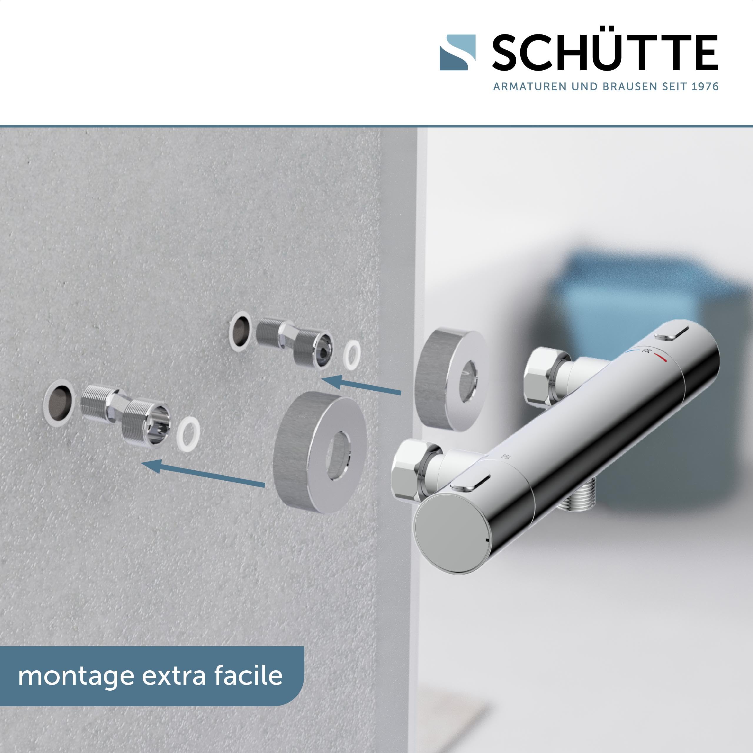 Schütte Los Angeles - Mitigeur Douche Thermostatique 2 Sorties | Chromé, laiton massif, protection anti-brûlure 38 °C, raccord 1/2", robinet douche thermostatique, 2 rosaces incluses