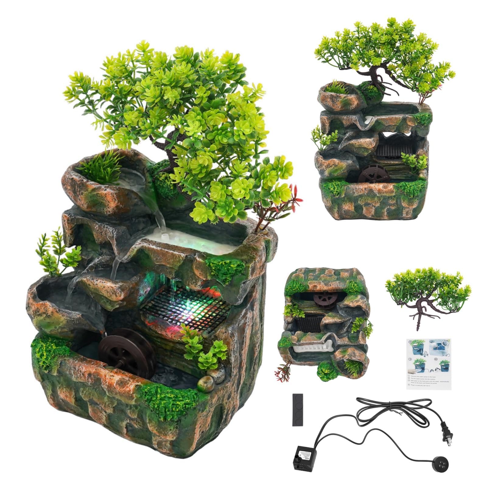 Fontana da tavolo con illuminazione a LED, cascata decorativa in resina resistente, fontana da giardino, tavolo pianta verde, fontana per soggiorno, ufficio, camera da letto