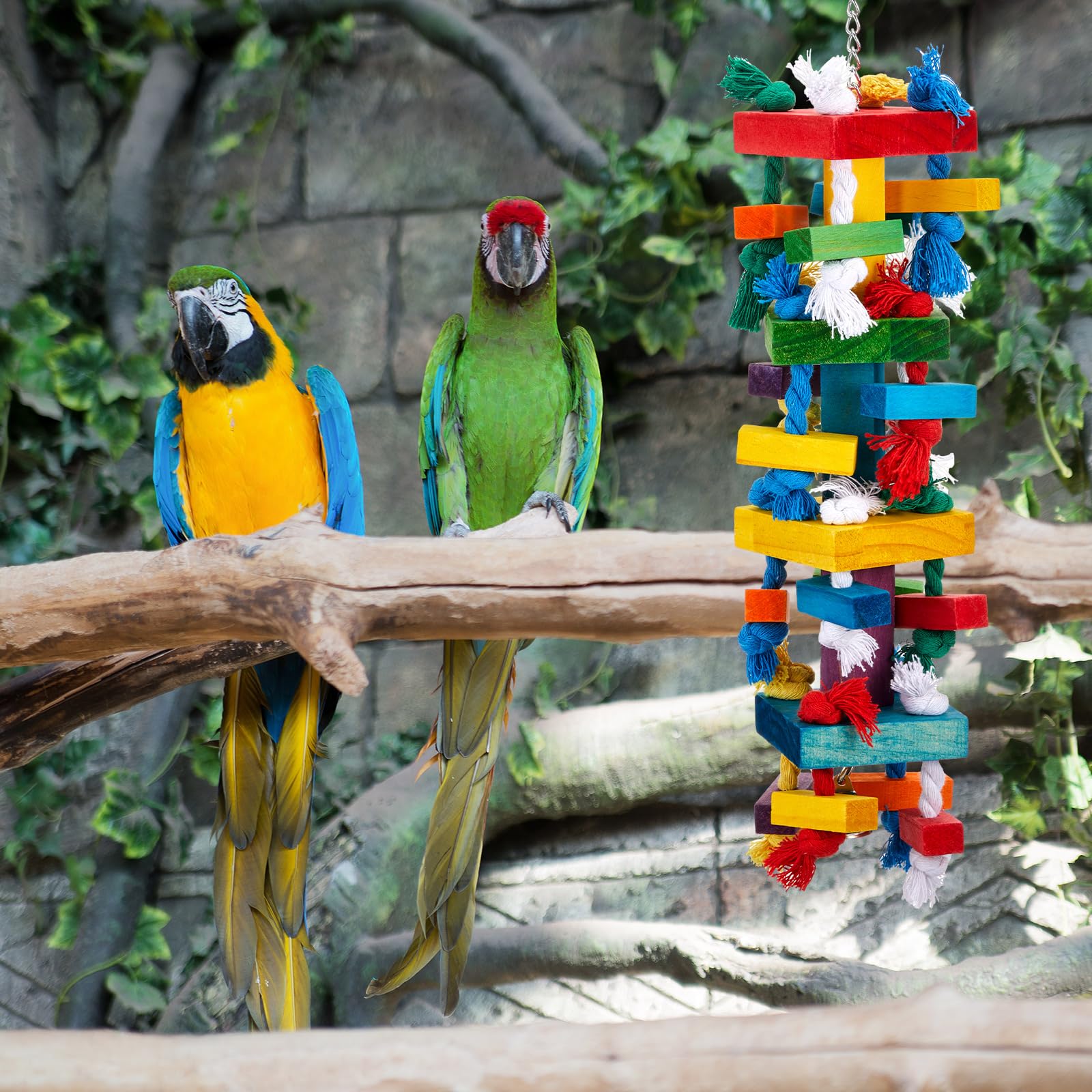 Seenelling 3 Pcs Extra Large Bird Parrot Toy Multicolored Natural Wooden Parrot Cage Chewing Toys for Large Medium Macaws Cockatoos African Grey Birds (Block and Rope) - image 6