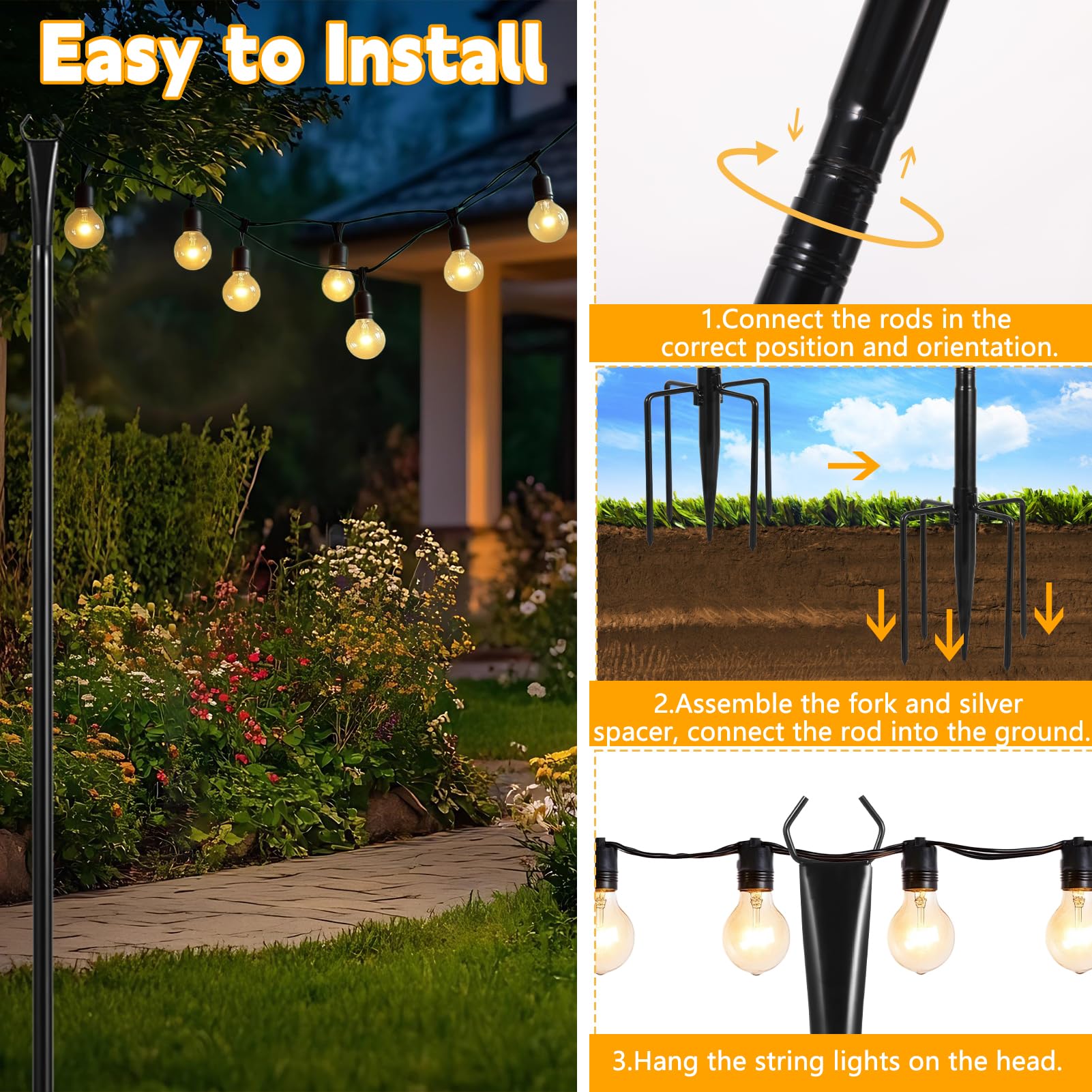 Confezione da 2 pali luminosi da 2,8 m, per esterni, con forcella, supporto in metallo per patio, cortile, terrazza