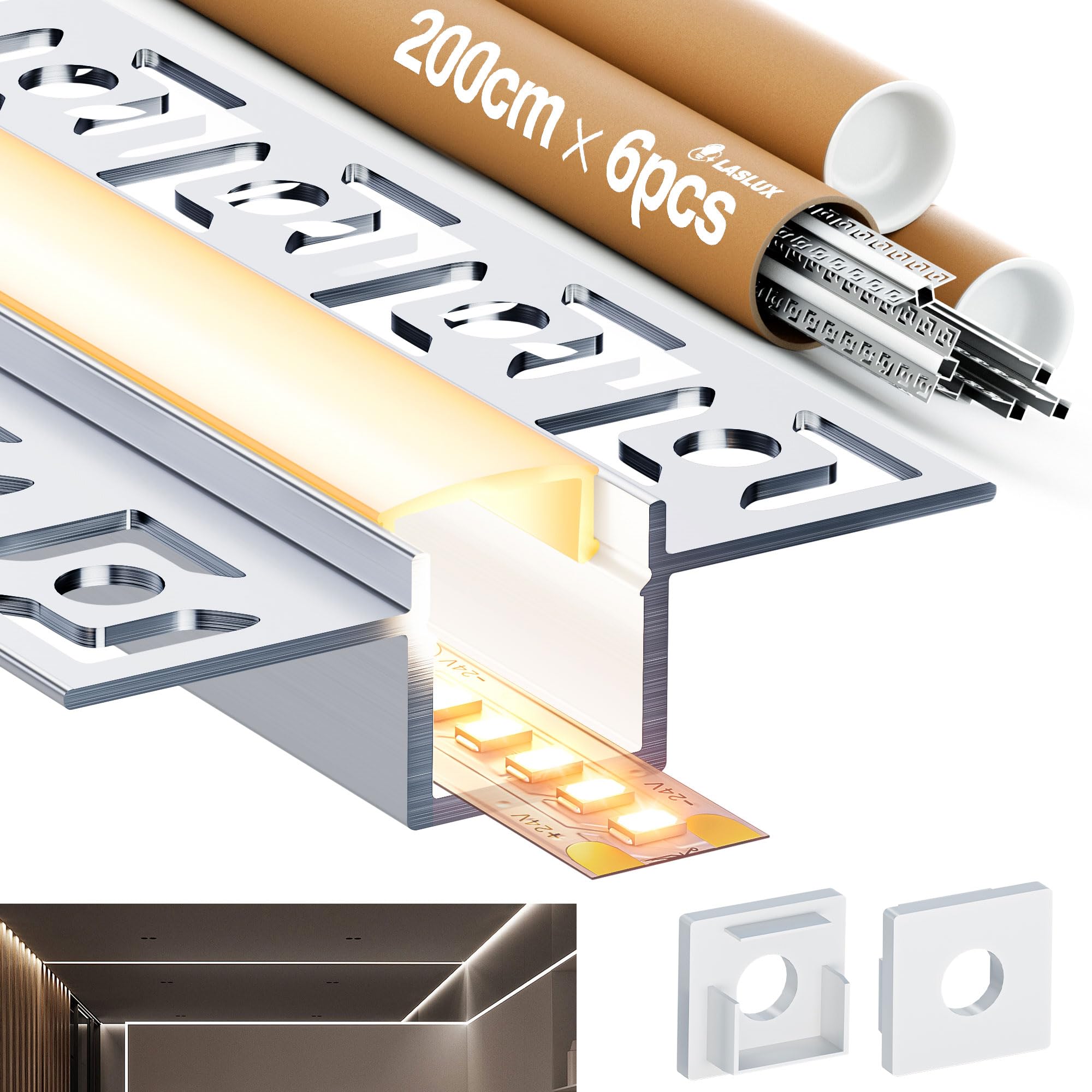 6 x Profilo Alluminio per Strisce LED 2M, Profilo Cartongesso per Barra Led, Installazione Superficiale per Illuminazione Indiretta del Soffitto, Compatibile con Diffusore Led e Canaline led