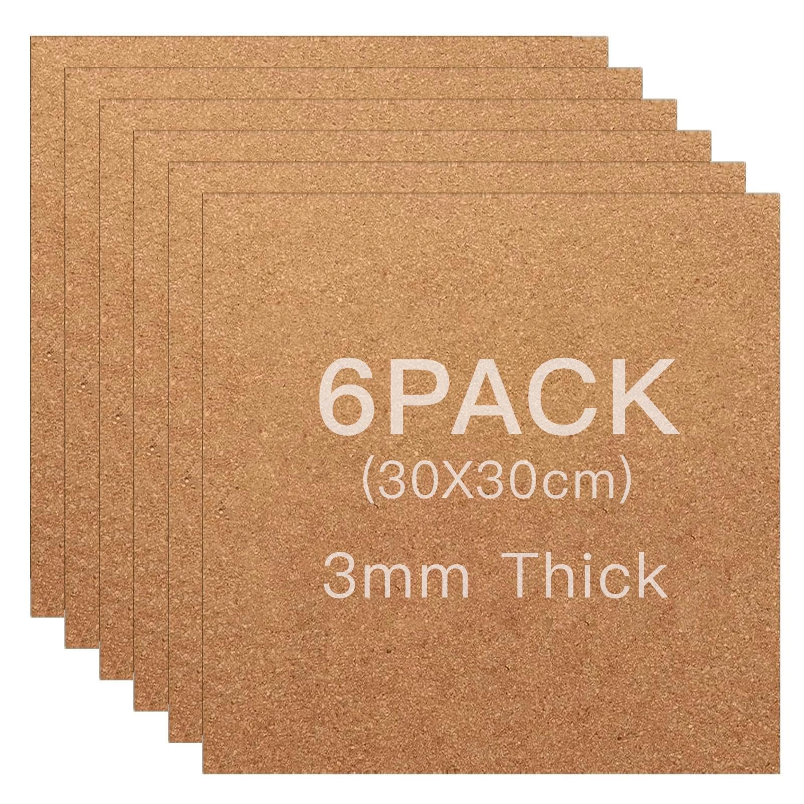 Zynaxir 6 Pcs Self-Adhesive Cork Borad 30cm Square Cork Tiles 3mm Thick Bulletin Boards Tiles Mat Small Pin Board with Sticky Back for Walls Decoration DIY Crafts