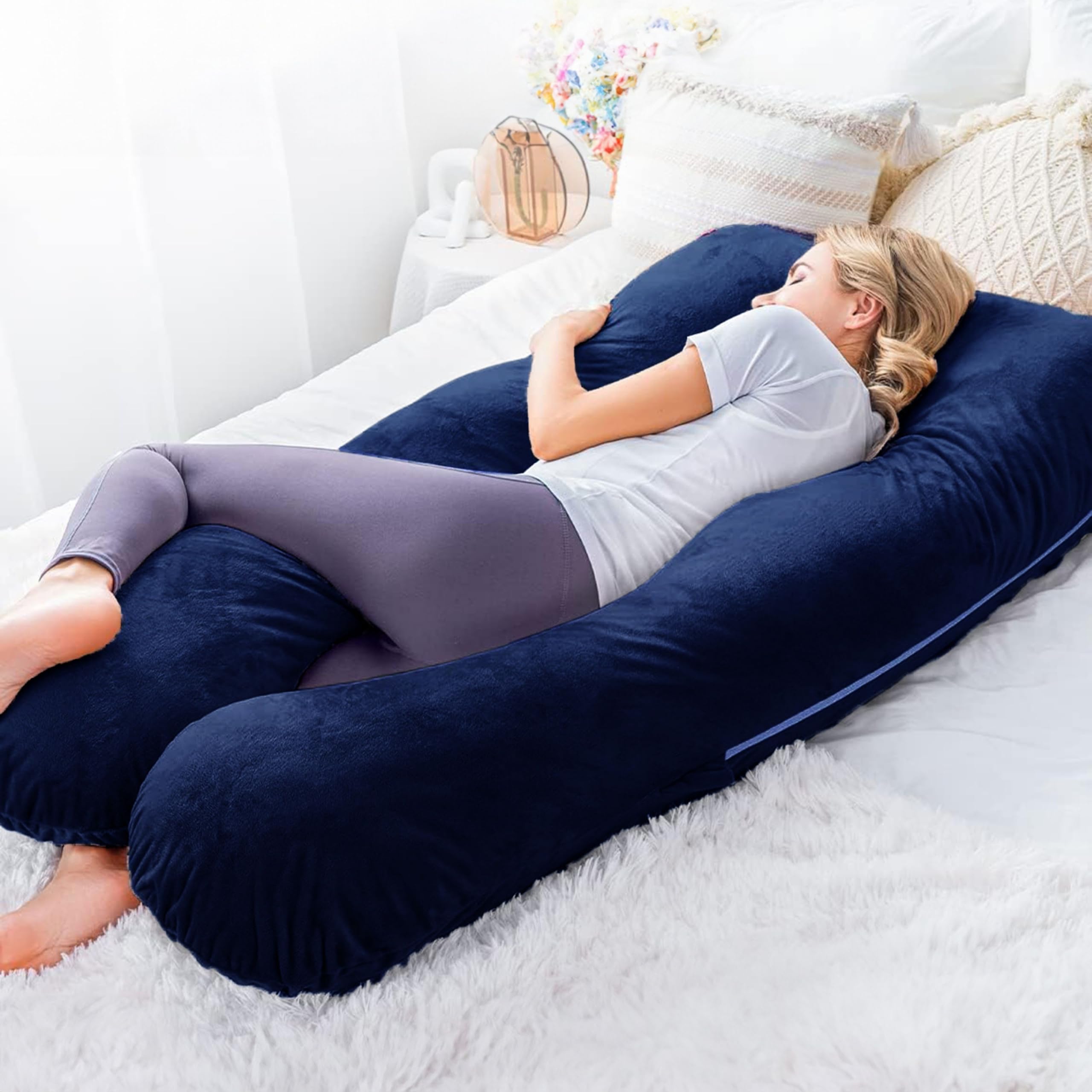 Cuscino per gravidanza, cuscino per dormire sul lato, 140 x 80 cm a forma di U con fodera rimovibile, cuscino per il corpo, blu
