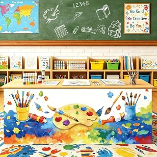 Fancy Land Art Table Skirt Cloths for Classroom Teacher Desk Skirts 6FT | Watercolor Painting Rectangle Tablecover Skirt for Back to School Home Office Bookcase Cabinet Birthday Party Decoration