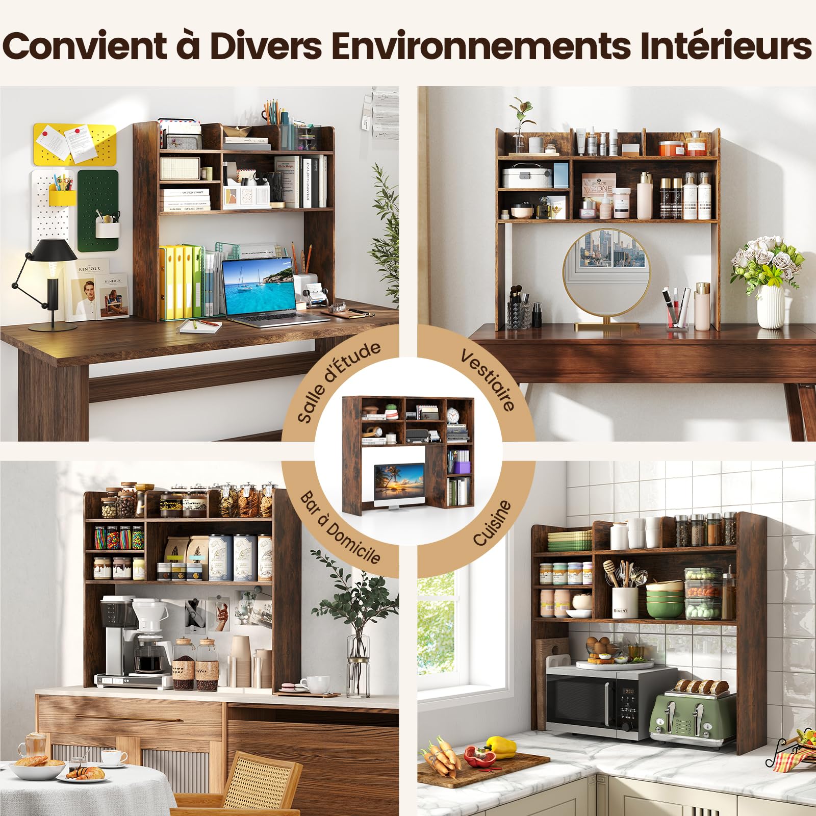 GOPLUS Etagere Bureau a Poser sur Meuble, 94 x 24 x 85 CM, Bibliothèque Bureau en Bois avec 6 Compartiments Ouvert et Ajustable, Kit Anti-Basculement, Pieds Antidérapants, Idéal pour Cuisine (Brun)
