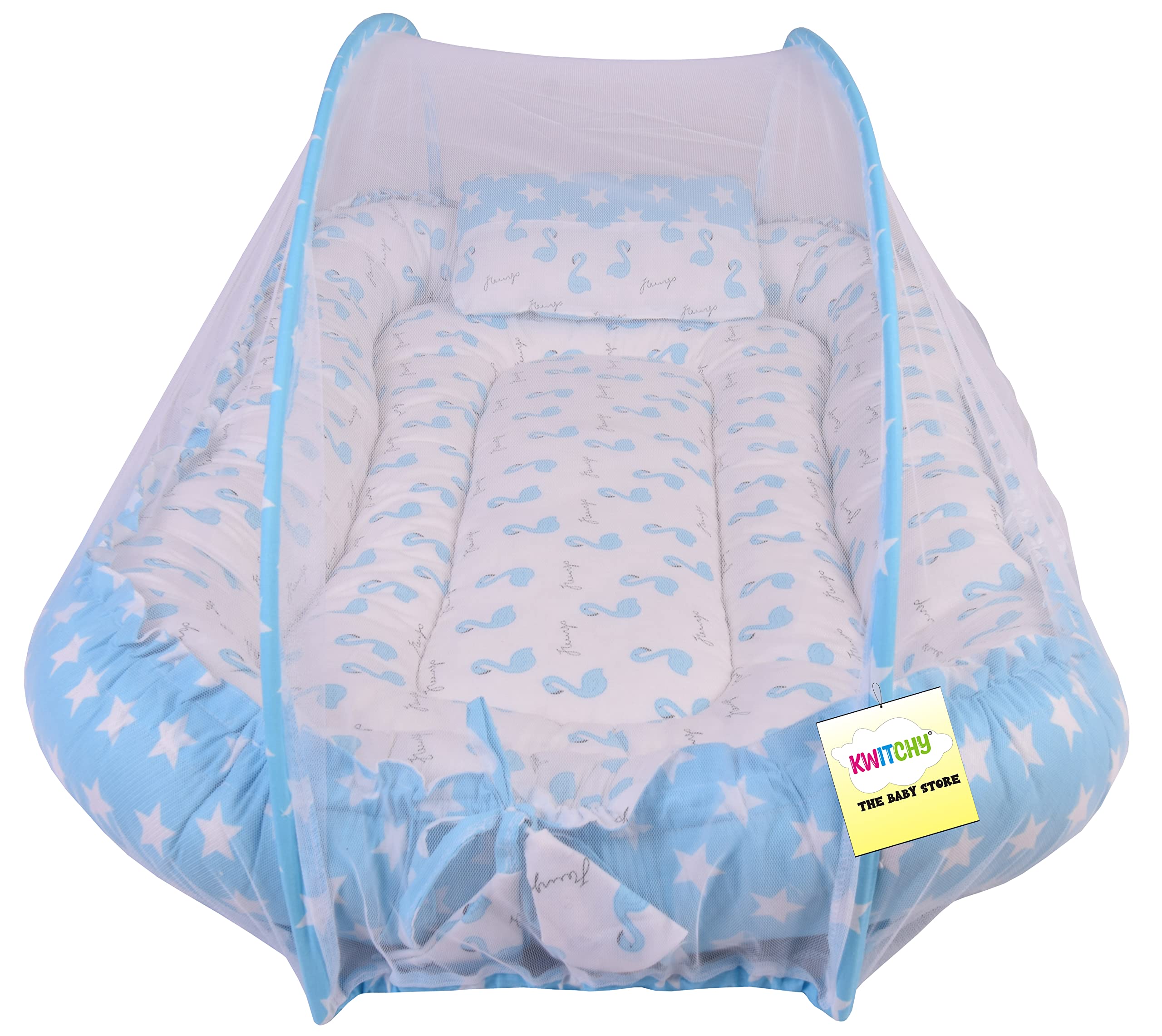 Kwitchy Baby Bed New Born Baby Bedding Set | Mattress | Cotton | Sleeping Bag | Essential | Nest Bed | Mosquito Net | Travel Bed | Reversible | Infants | Toddlers (0-12 Months) Blue