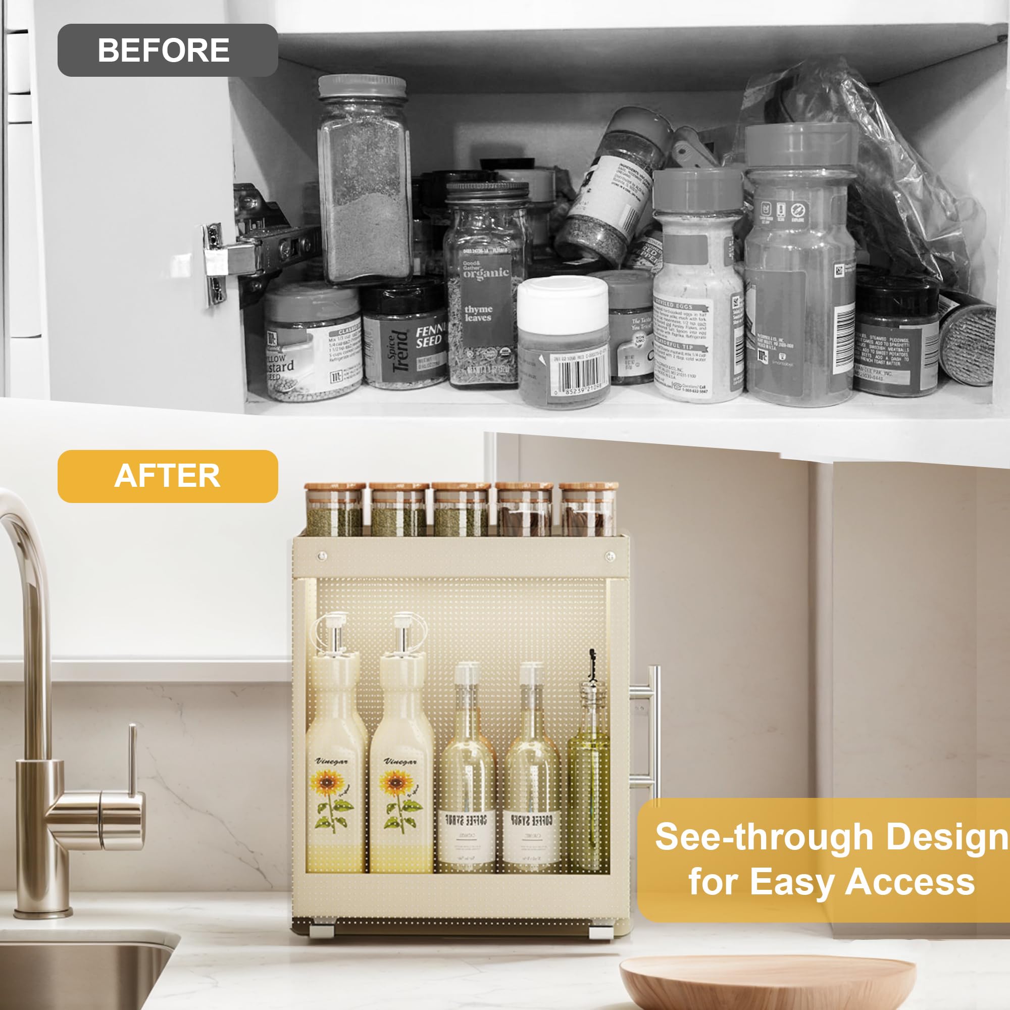 Pull Out Spice Rack Condiment Organizer for Countertop - 2-Tier Slide Out Seasoning Kitchen Organizer with Grease-Free Design - Suitable for Taller Bottles - Alternative to Lazy Susan (2-Tier Large)