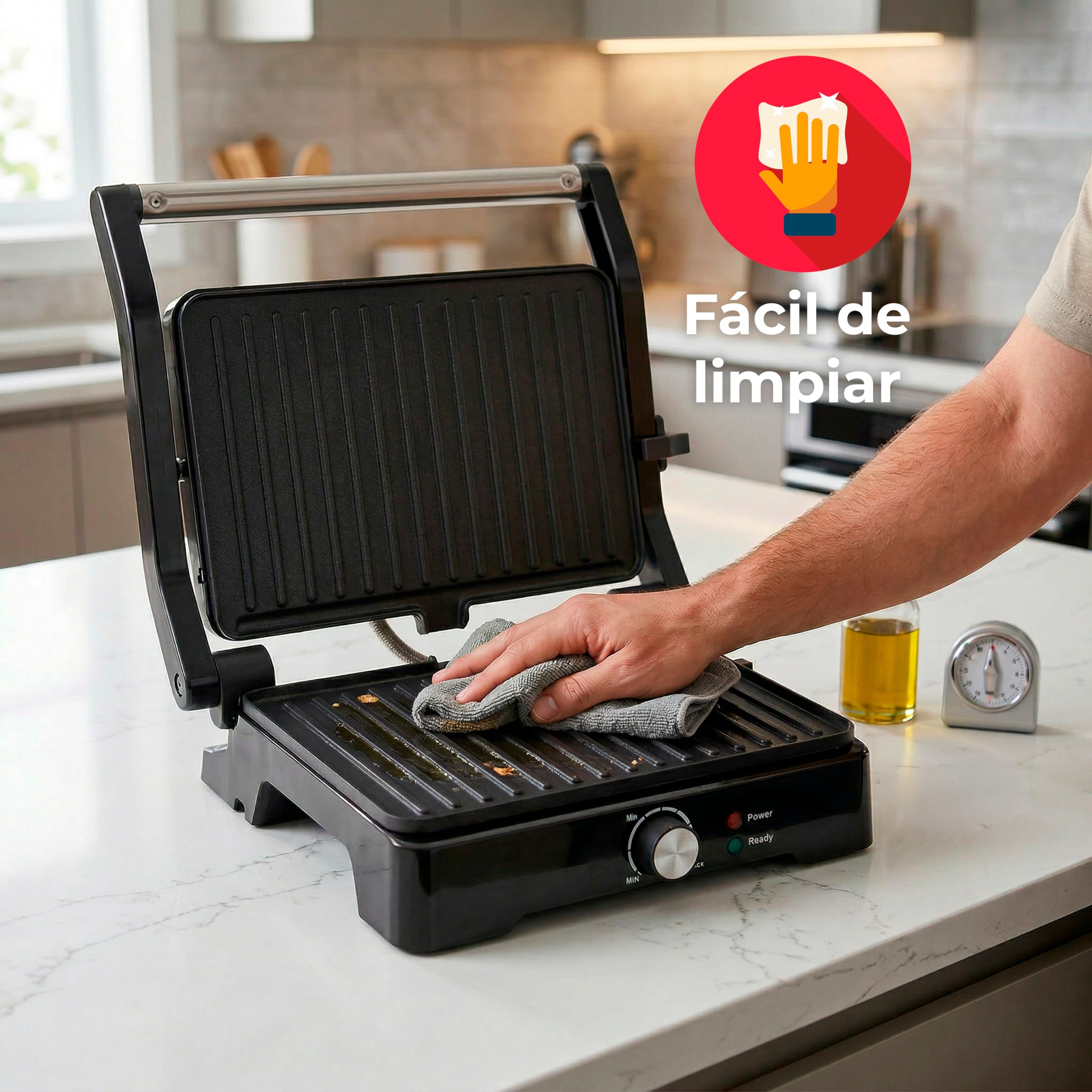 Fagor RoastGrill Grill multifunzione, superficie di cottura XL (27,5 x 17,3 cm), apertura 180°, manico freddo