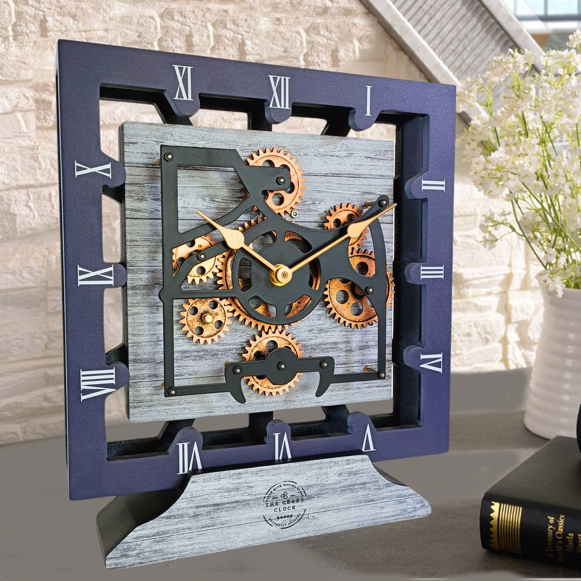 THE GEARS CLOCK Desk Clock 10 Inches with Real Moving Gear Square Convertible Into Wall Clock (Silver Grey)