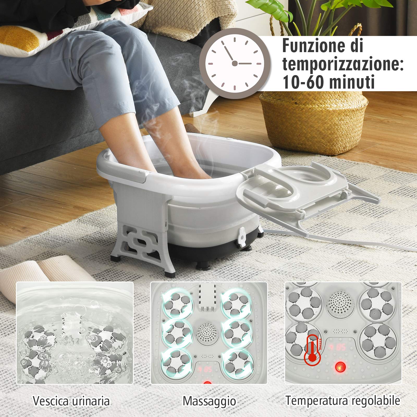 RELAX4LIFE Pediluvio Massaggiatore Piedi con Luce Infrarossa, Scalda Acqua Fino a 48°C, Massaggiatore Piedi Pieghevole con Telecomando Portatile, Funzione Calore e Rullo (grigio)