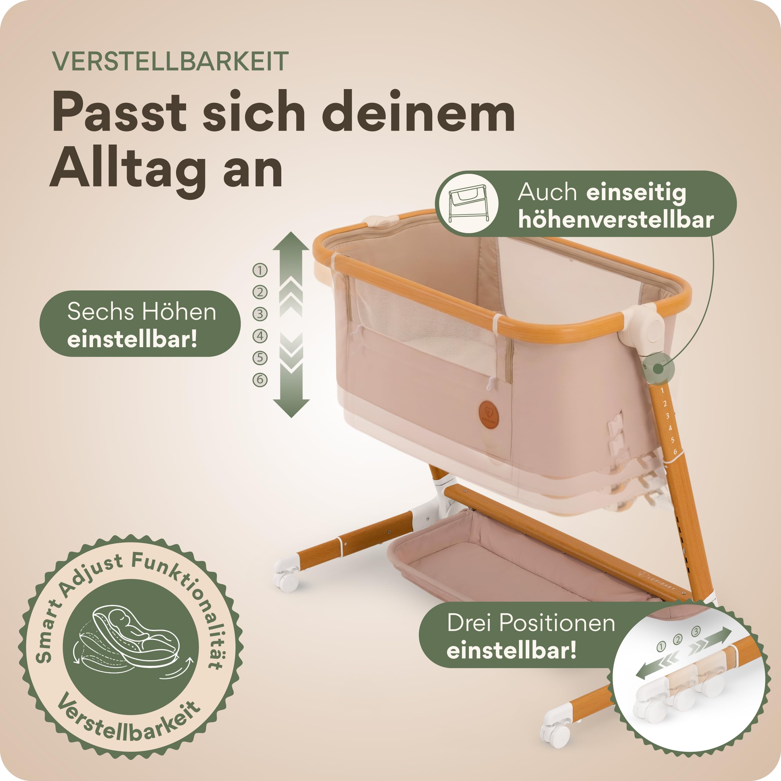 MaliDa Babybett mit Rollen | Beistellbett Baby Boxspringbett | Stubenwagen Höhenverstellbar mit Wiegefunktion | Reisebett Baby mit Matratze | Bett, Babywiege, Crib, Bassinet, Bed | Hell