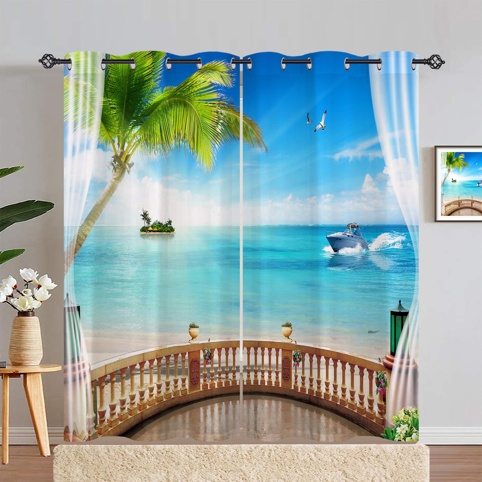 ANHOPE Beach Curtains Eyelet Ring Top Soft Thermal Insulated Blackout Curtains Balcony Ship Ocean Island Print Pattern Decorative Window Drapes for Bedroom Living Room 66 x 90 Drop Inch 2 Panels