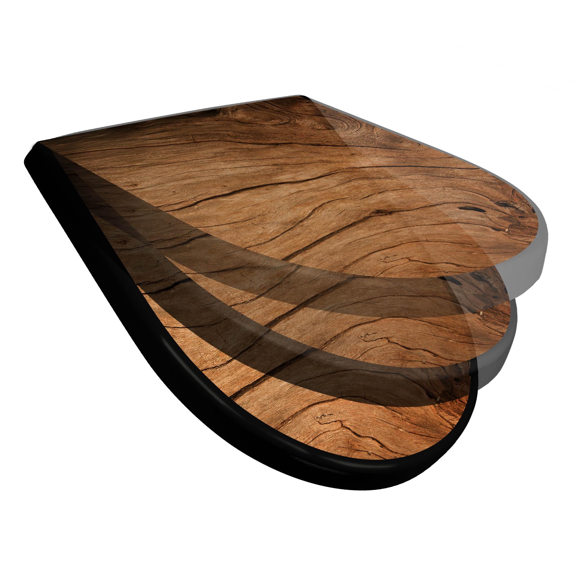 banjado WC Sitz mit Absenkautomatik D Form - Toilettendeckel mit Absenkautomatik D Form - Klodeckel Softclose - stabile Klobrille - Toilettensitz Schwarz - Motiv Trockenes Holz