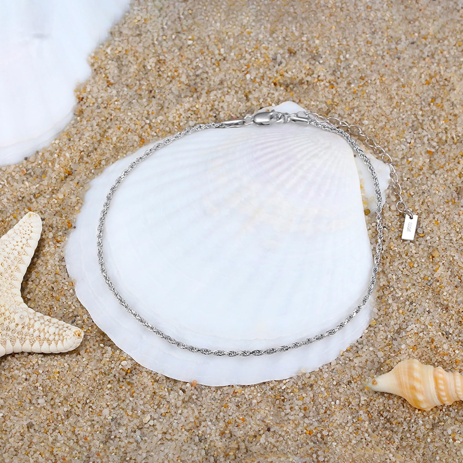 Tobilleras para mujer, plata de ley 925, cadena de cuerda simple de 1,5 mm de ancho, joyería regalo de cumpleaños