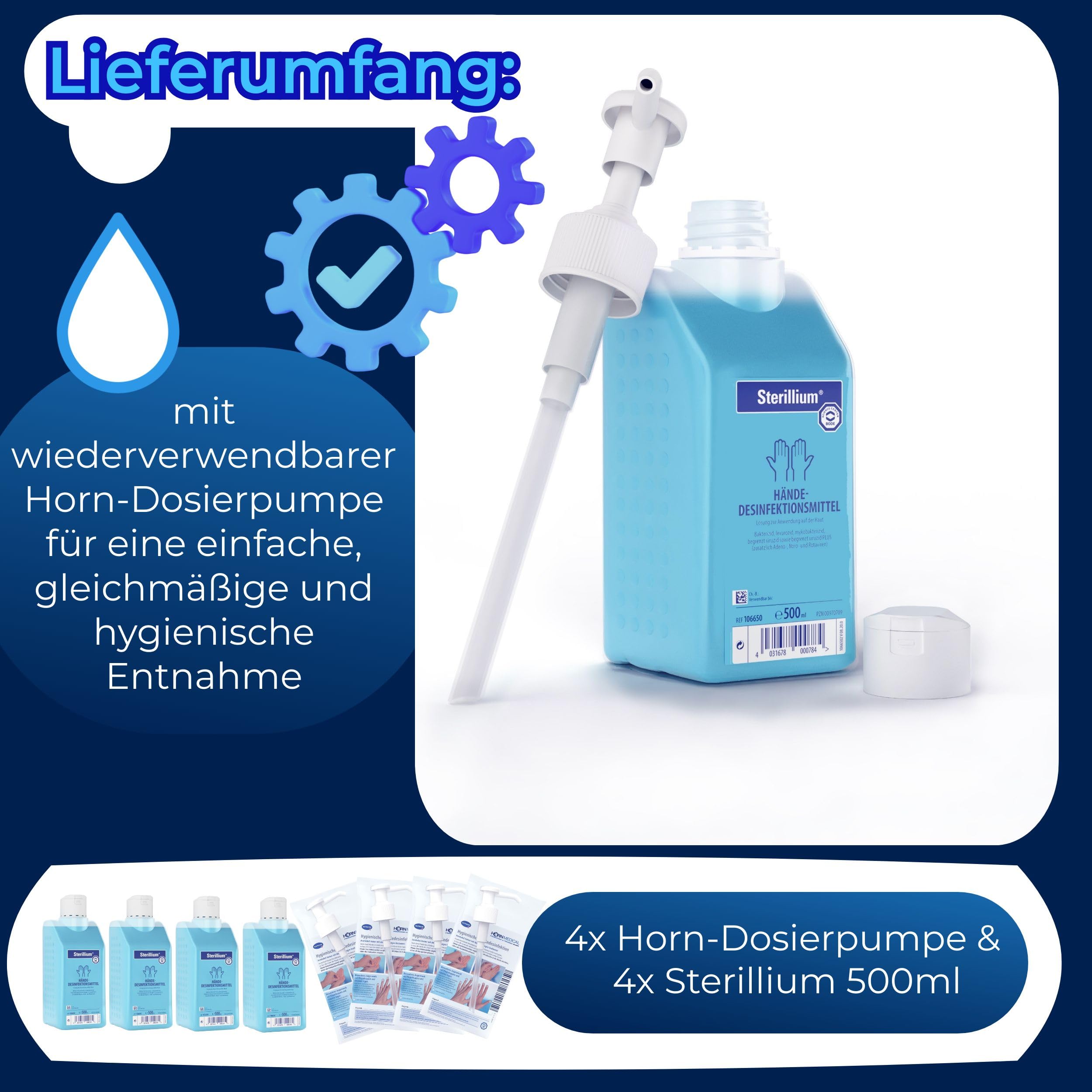 Dosierpumpen (4 Stück) mit Sterillium Händedesinfektionsmittel (4 x 500 ml)